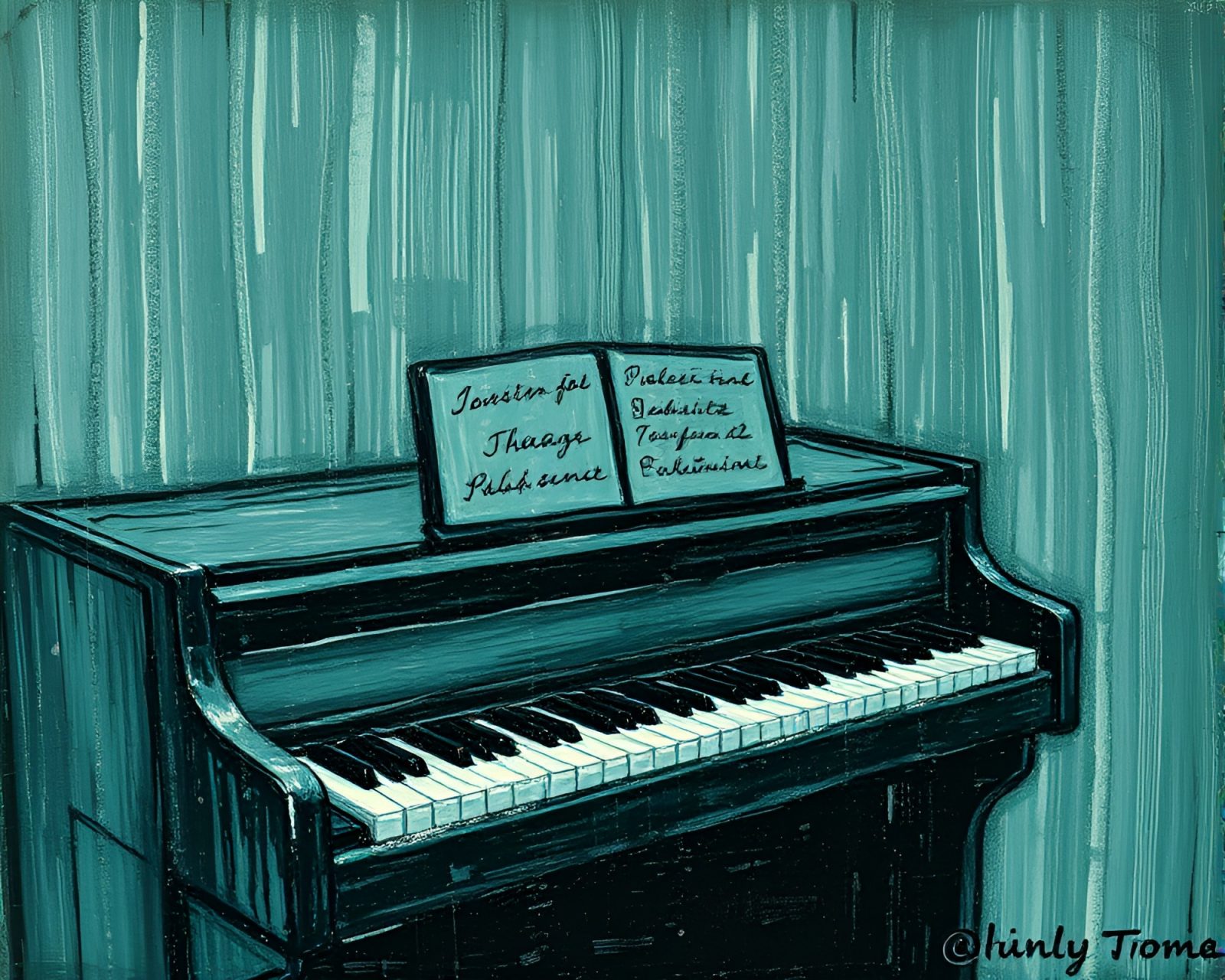 Grainy film image of pianist in impasto technique