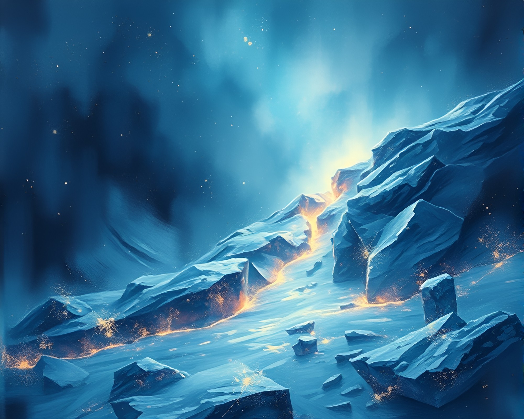 Glacier Cave Illuminated by Torches with Textured Impasto Finish – free AI stock image