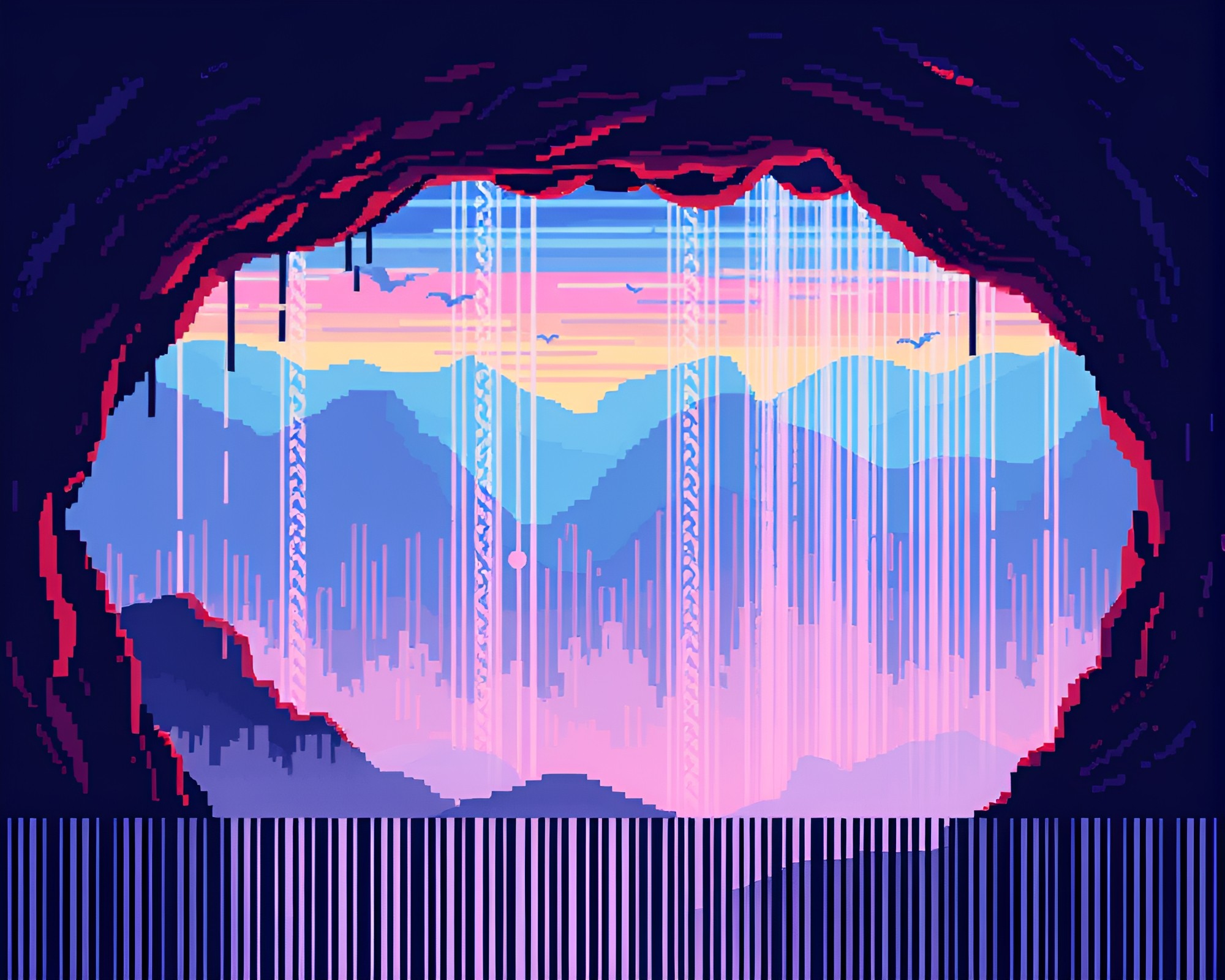Pixel Art Barcode Stripe in Dawn Mist Cavern – free AI stock image