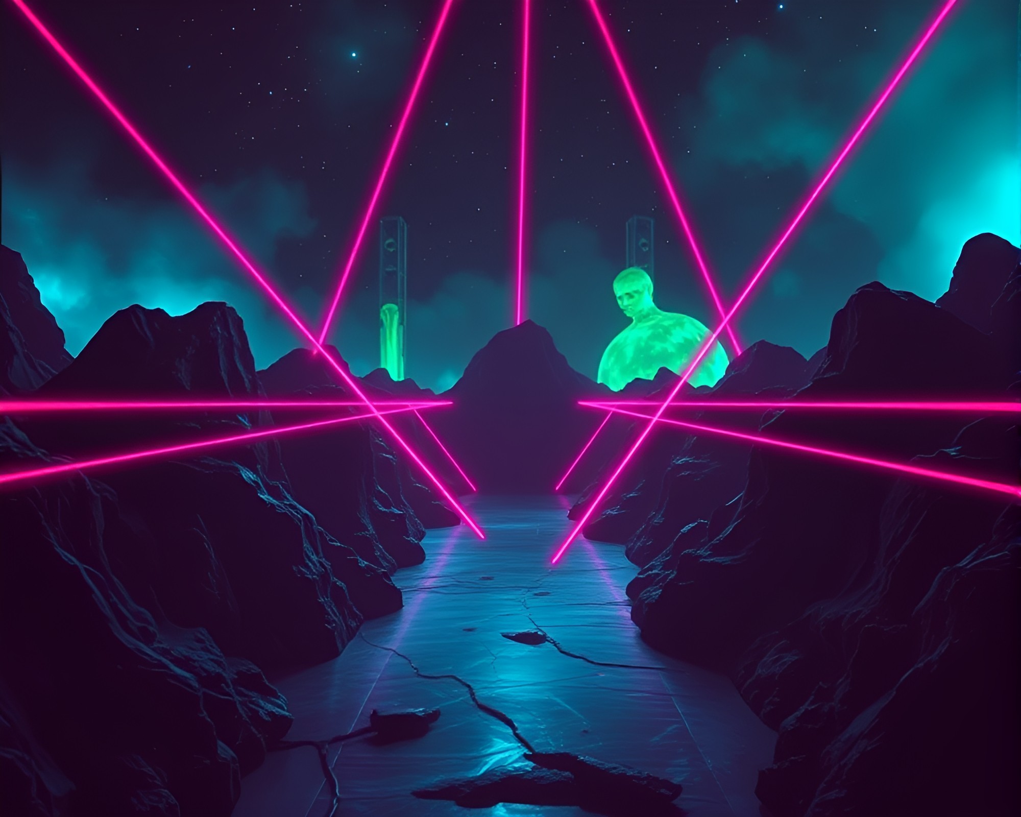Glowing Laser Beams in Volcanic Ash Mirror Maze – free AI stock image