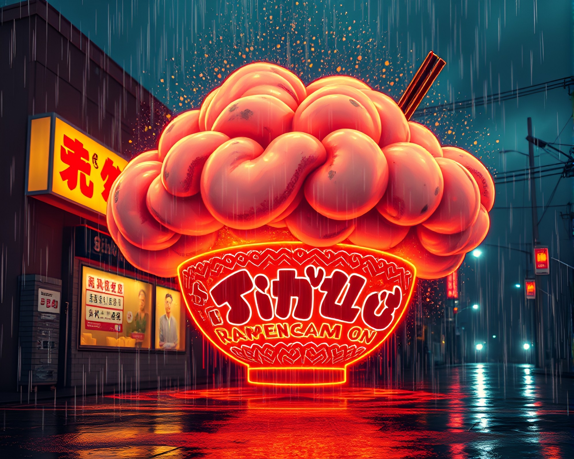 Neon Ramen Bowl in Rainy Explosive Reflections – free AI stock image