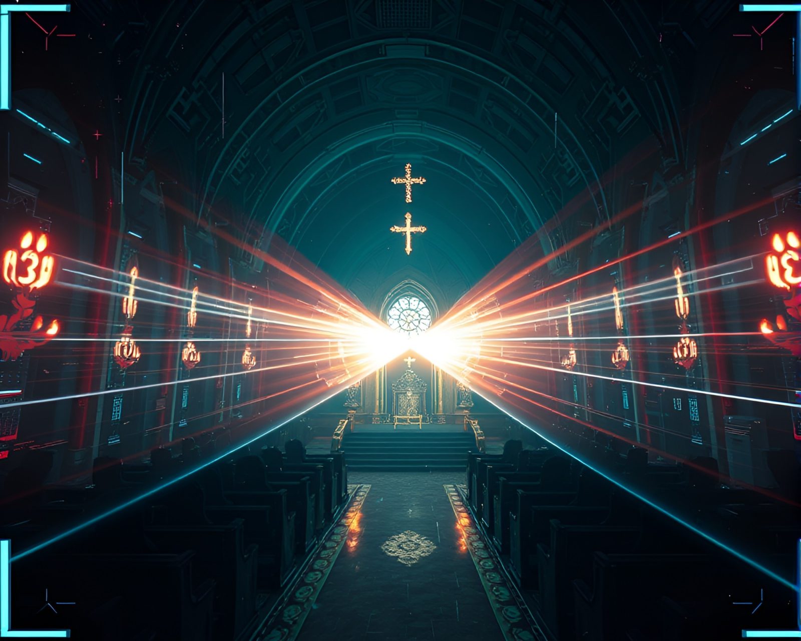 Digital scan lines intersecting with glowing candles in cathedral