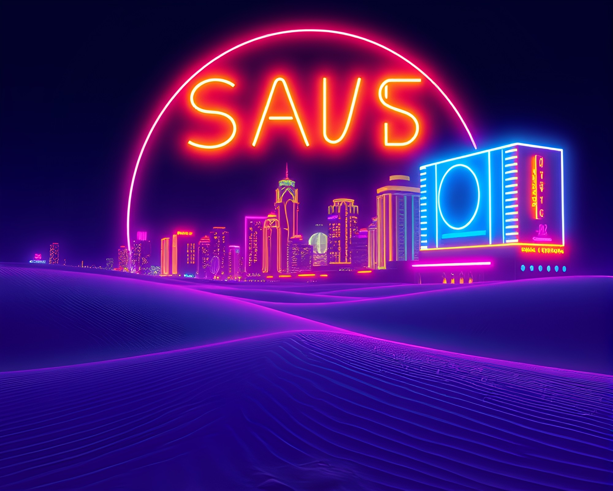 Neon City Sand Dunes: Stencil Art Masterpiece – free AI stock image