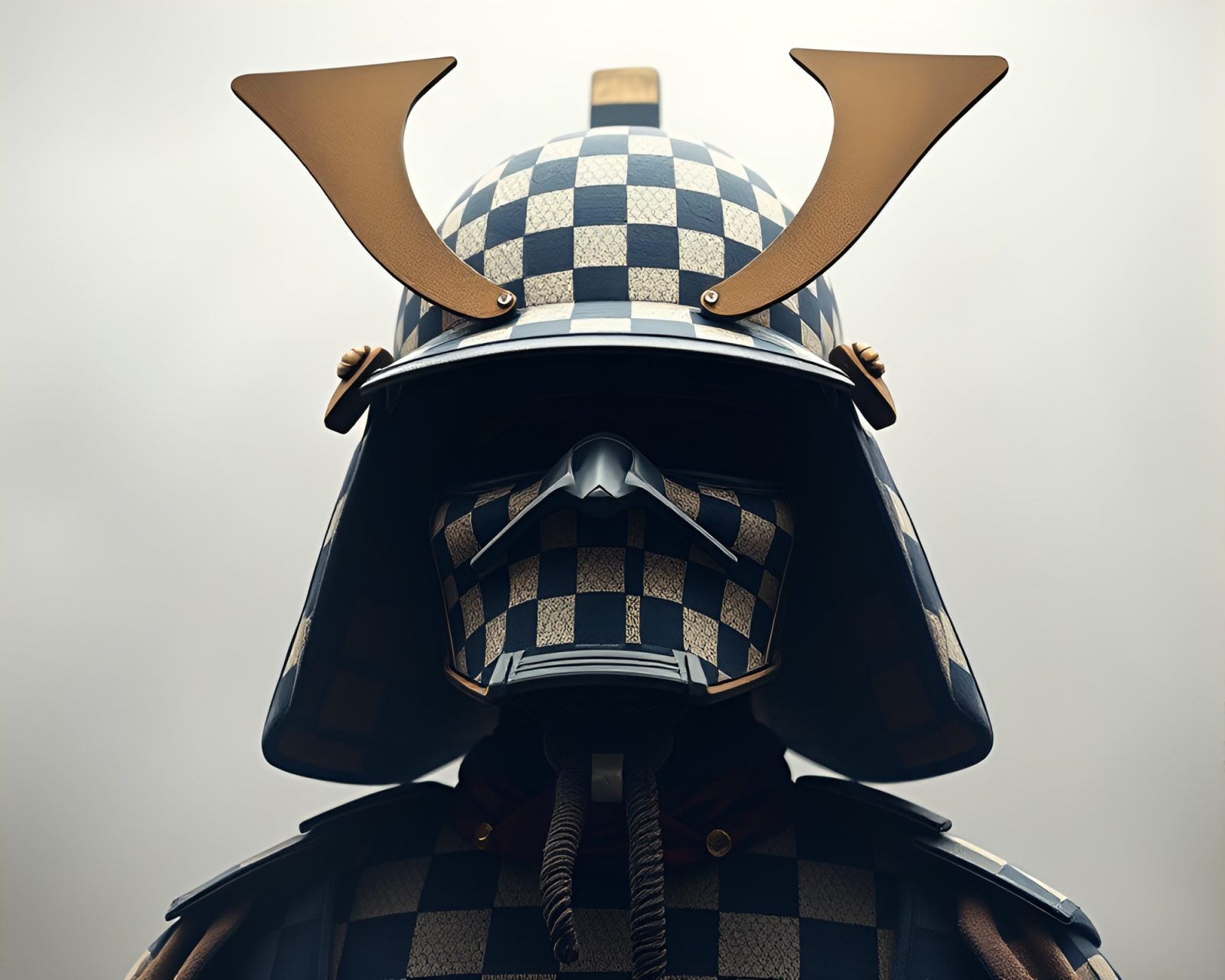 Surreal image of Samurai helmet in hazy checkered surroundings