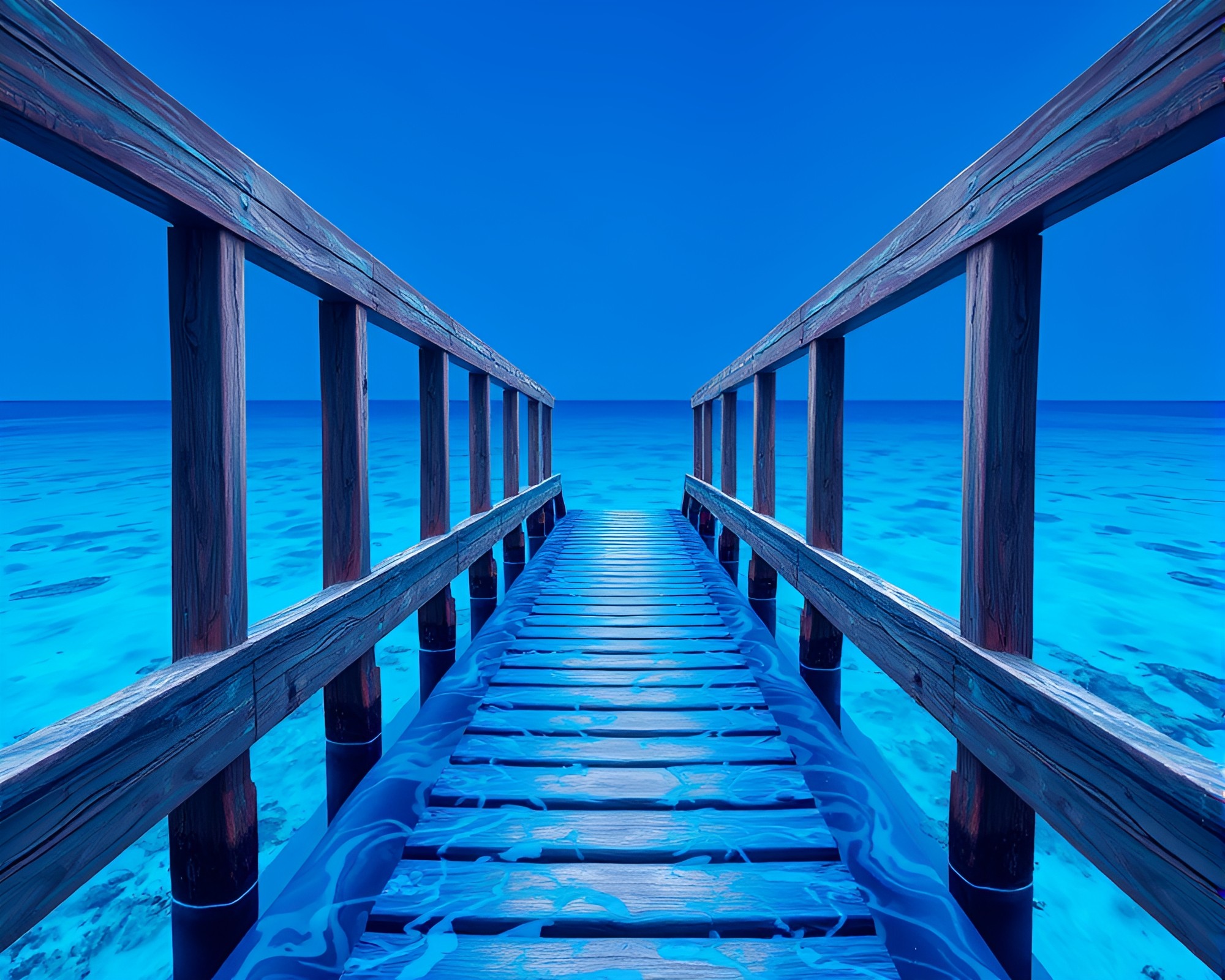 Vaporwave Wooden Bridge Over Distorted Water with Cobalt Accents – free AI stock image
