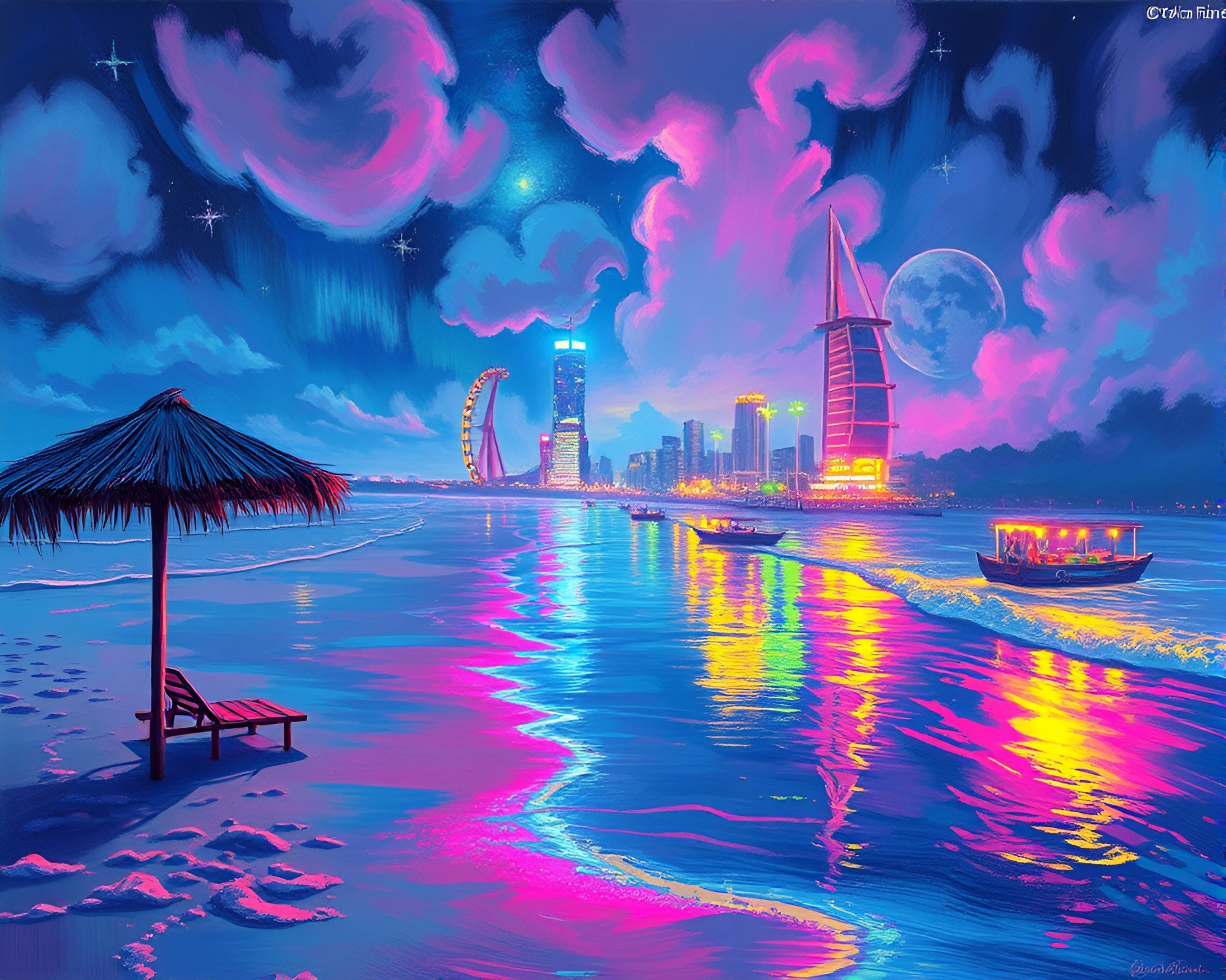 Neon Beach Cityscape Fresco with Chromatic Aberration – free AI stock image