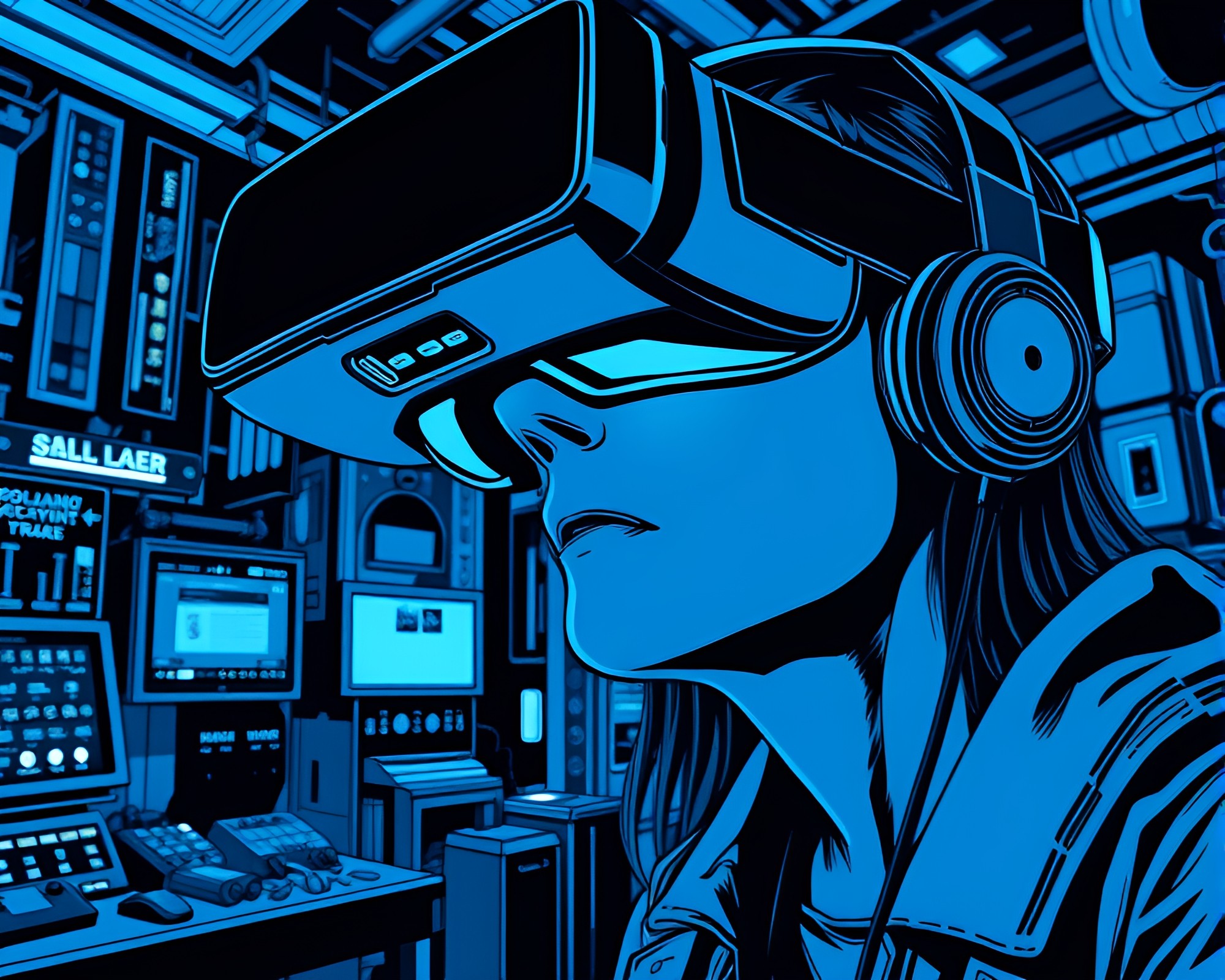 Monochrome Blue Virtual Reality Hub in Comic Book Style – free AI stock image