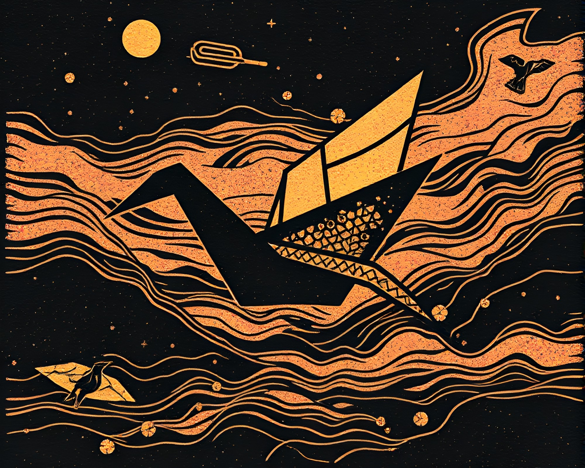 Origami Crane Noir: Holographic Linocut Textures – free AI stock image