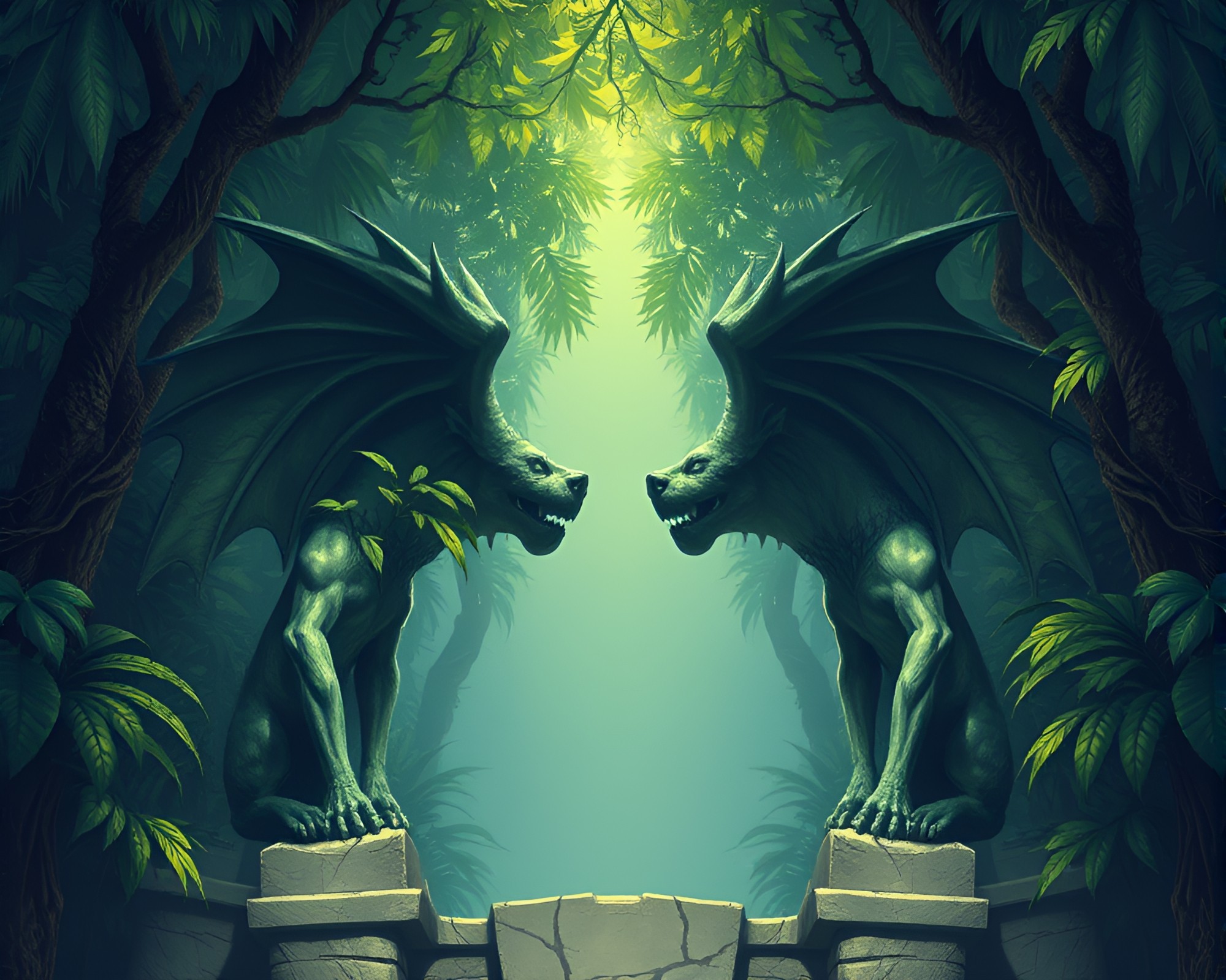 Fantasy Gargoyle Statue in Jungle Canopy Shadows – free AI stock image
