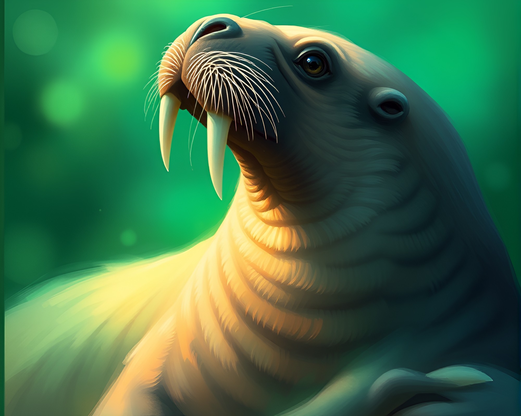 Enigmatic Walrus in Emerald Haze Digital Painting – free AI stock image