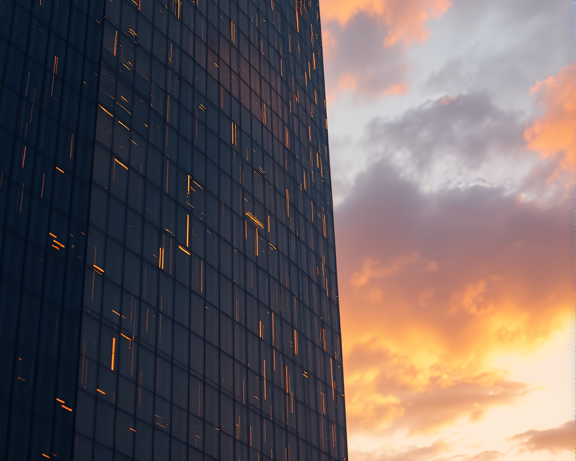 Urban Sunset Wireframe: Metallic Skyscraper in Golden Dusk – free AI stock image
