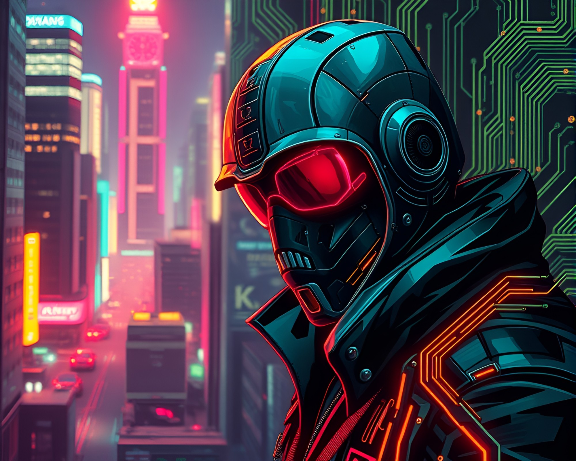 Neon Cyberpunk Vigilante Circuit Board Pop Art – free AI stock image