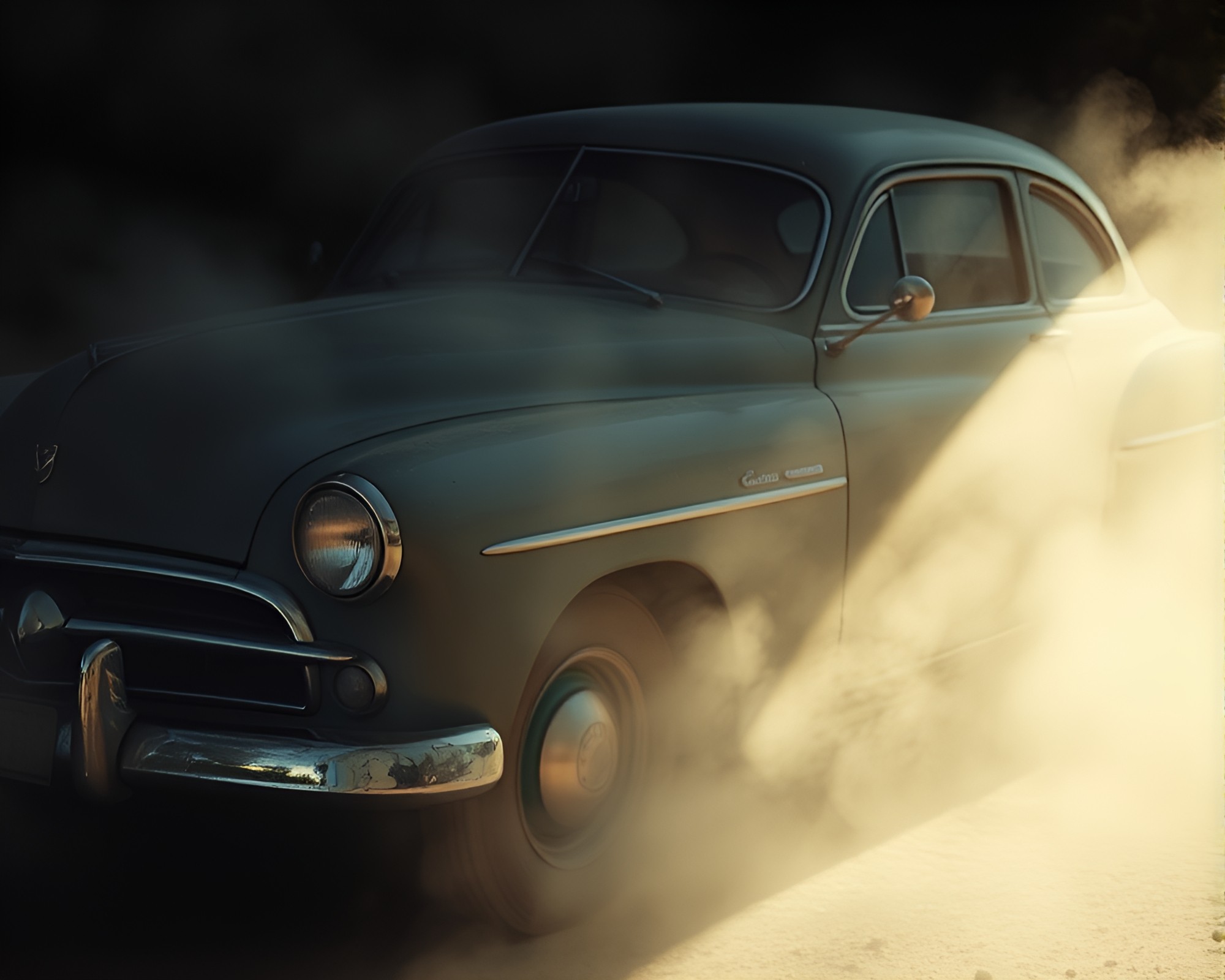 Vintage Car in Muted Shadows with Dust Overlay – free AI stock image