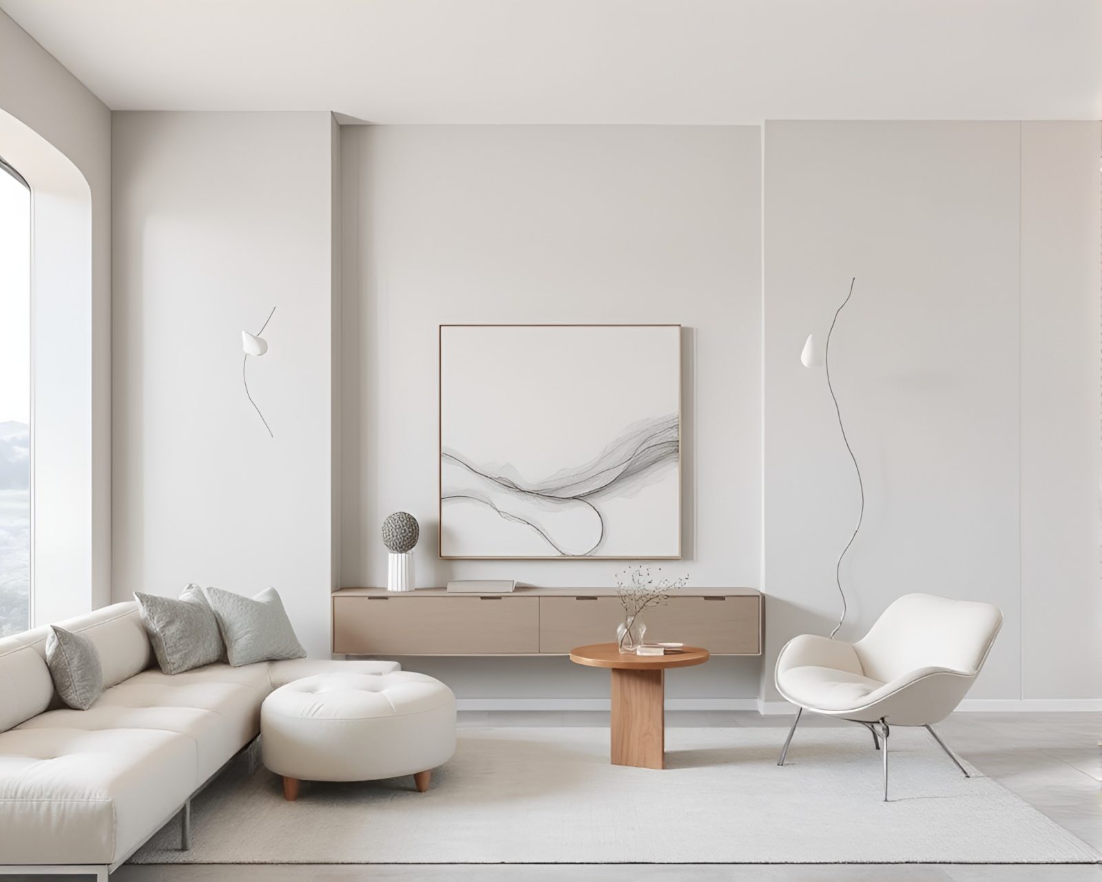 Minimalist design of a serene valley with silver accents