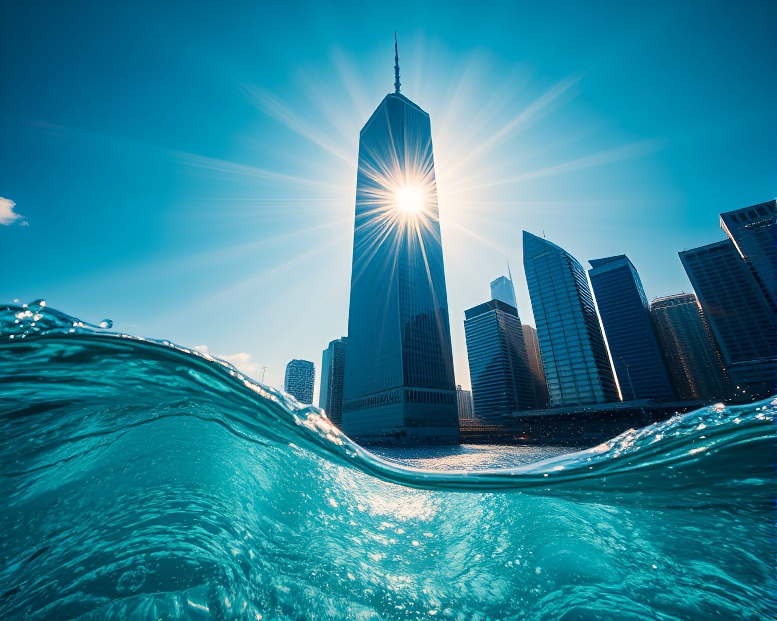 A stunning skyscraper reflecting sunbeams on rippling water