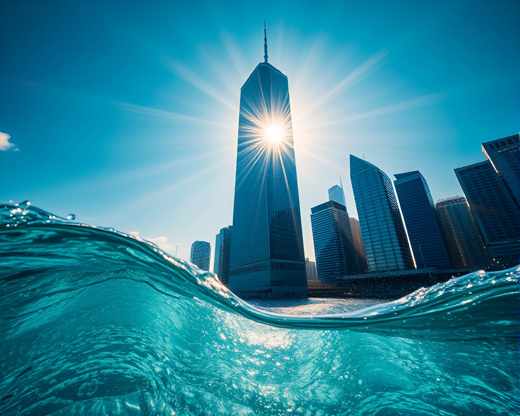 Glistening Skyscraper Amid Sunbeam Rays and Water Distortion