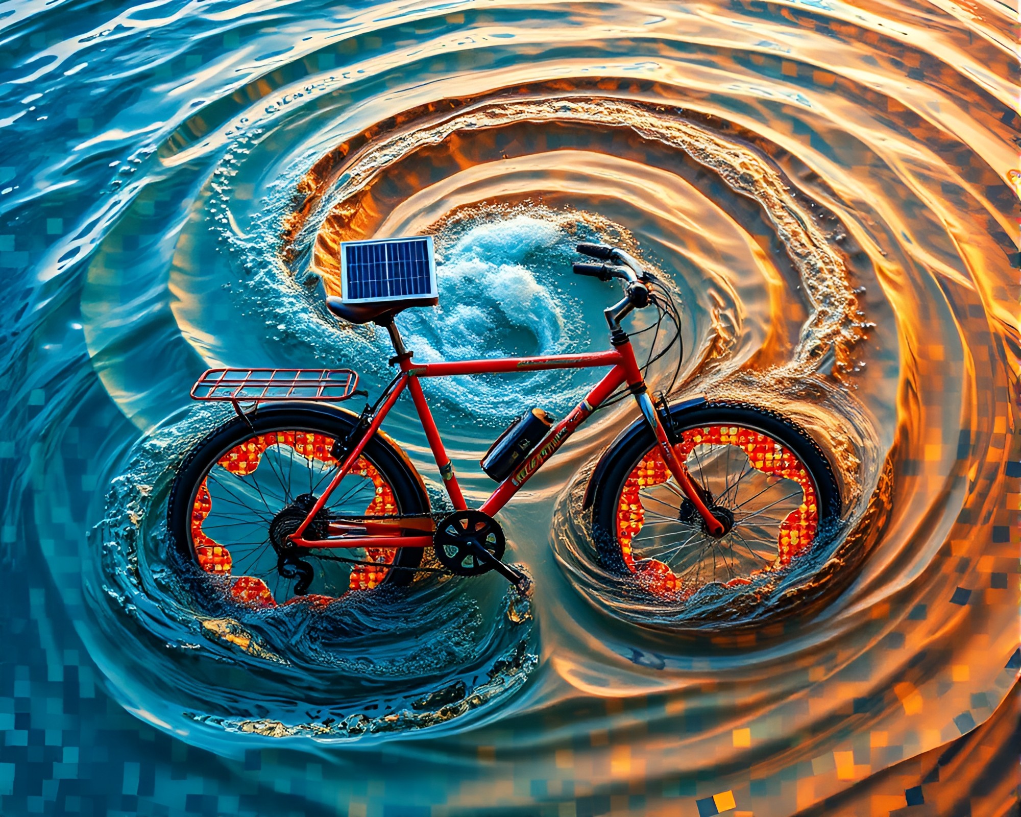 Surreal Solar-Powered Bike Riding in Mosaic Whirlpool – free AI stock image