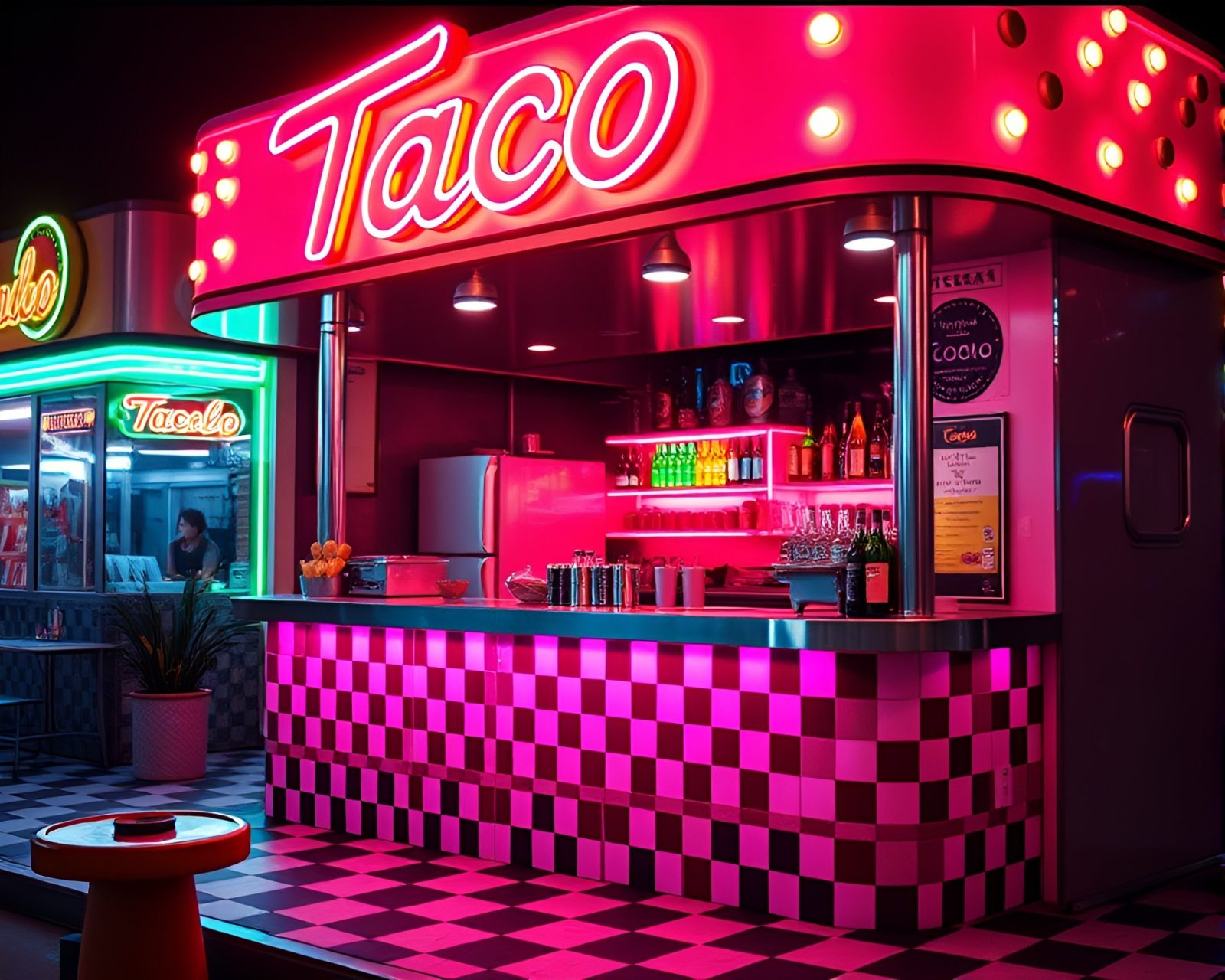 Neon-lit taco stand in film noir style with checkerboard pattern