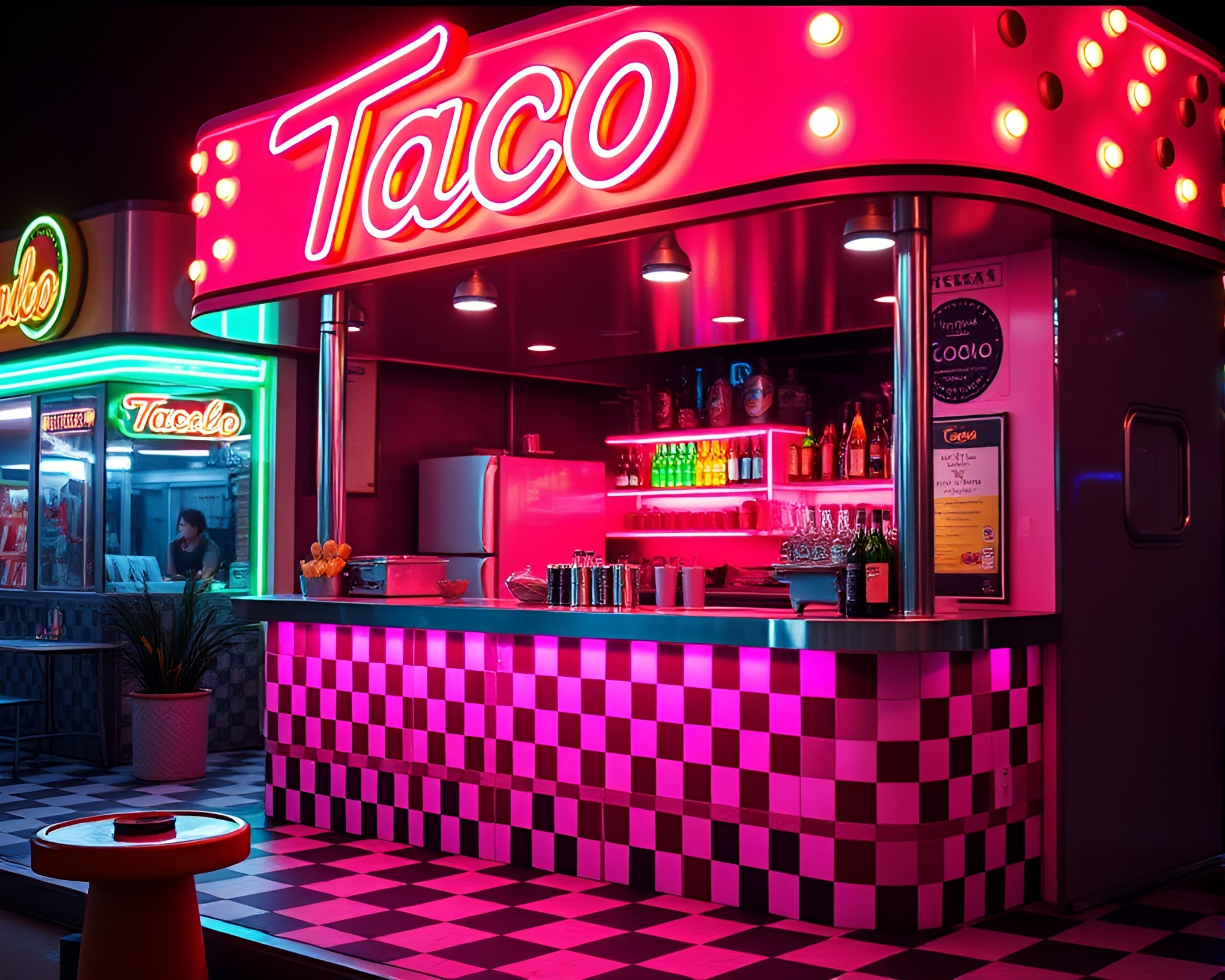 Checkered Taco Stand in Neon Noir Aesthetic – free AI stock image