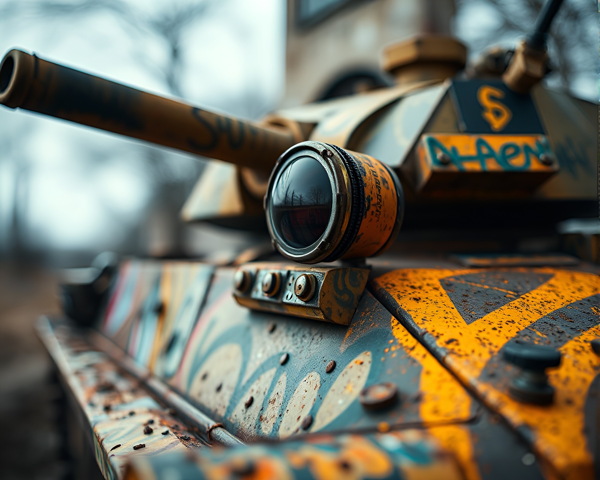 Armored tank mural in savannah sunset – free AI stock image