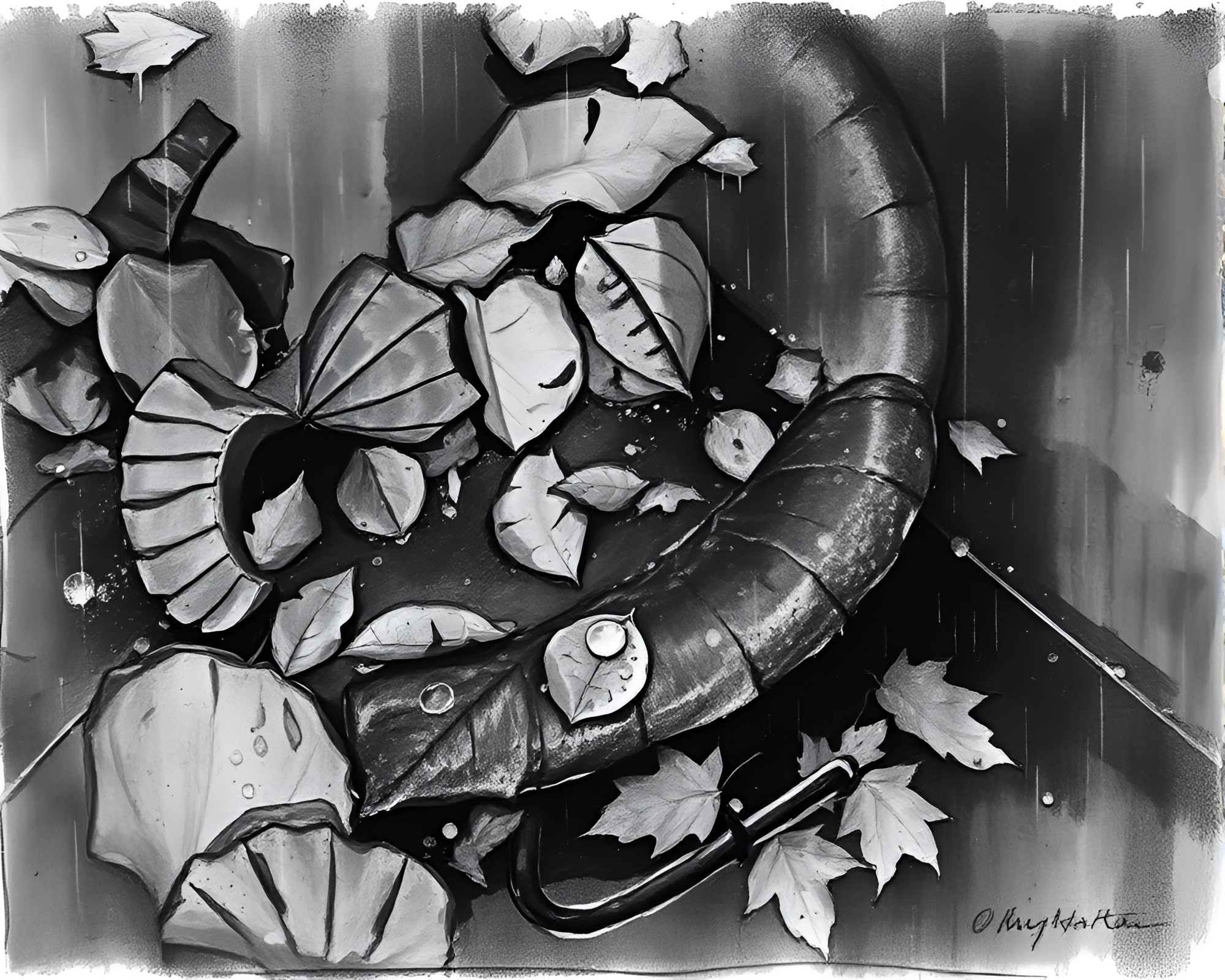 Charcoal Sketch of Rainy Leaf Litter Reflections – free AI stock image
