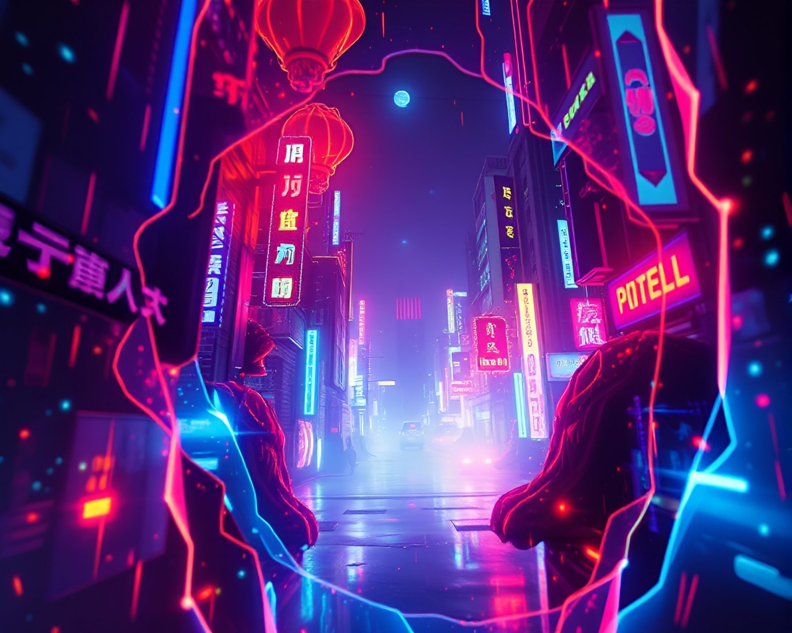 Artistic double-exposed anime scene with vibrant neon colors