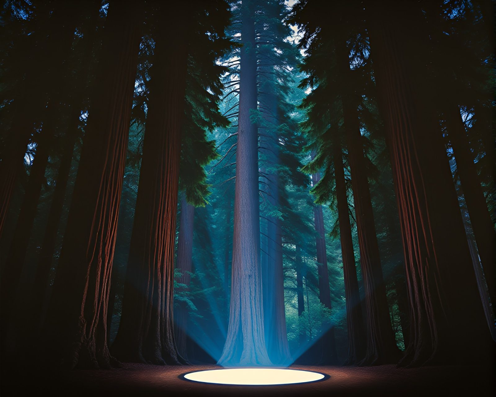 Ethereal mural painting of majestic redwood tree highlighted on stage