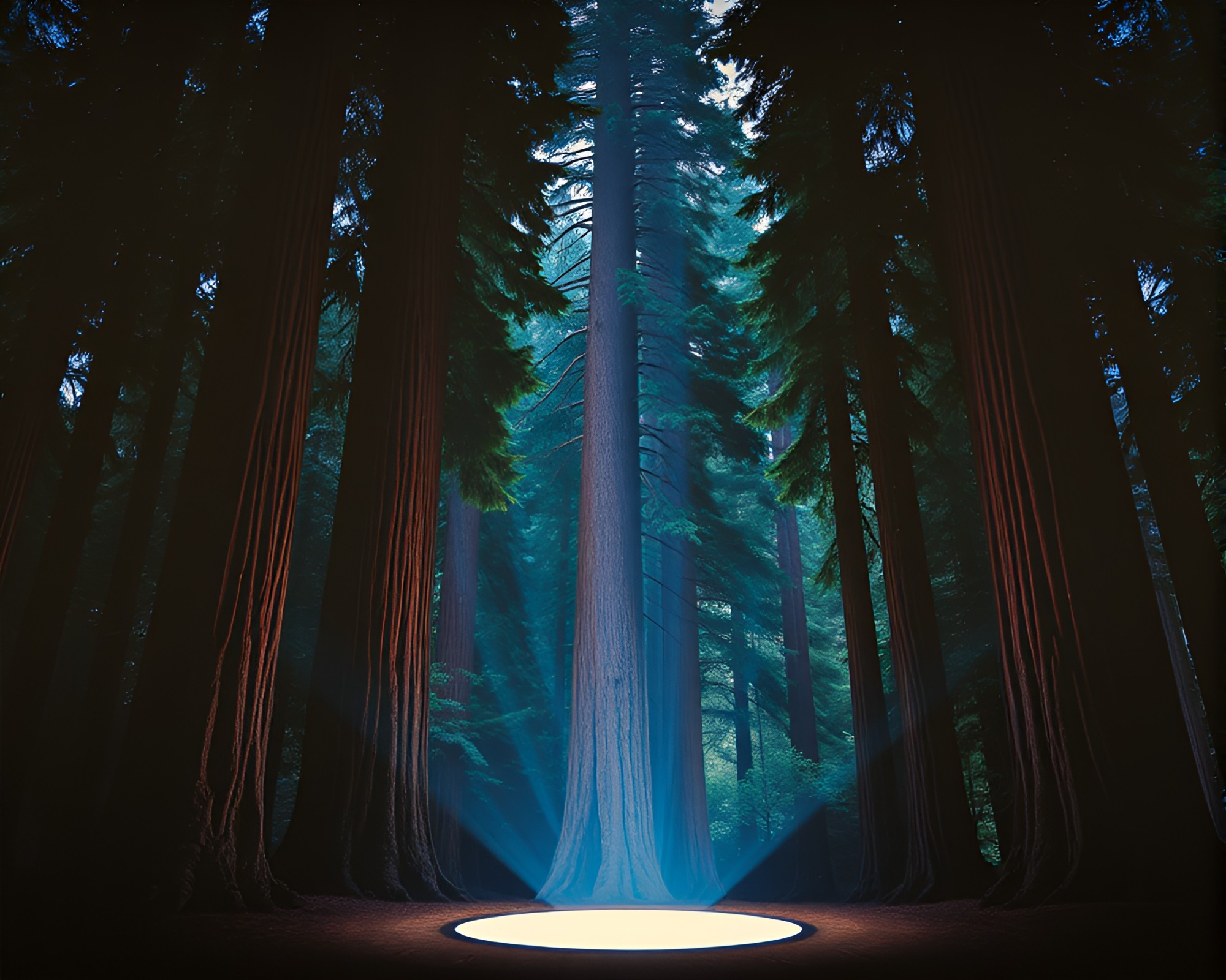 Enchanting Redwood Tree Mural in Stage Spotlight – free AI stock image