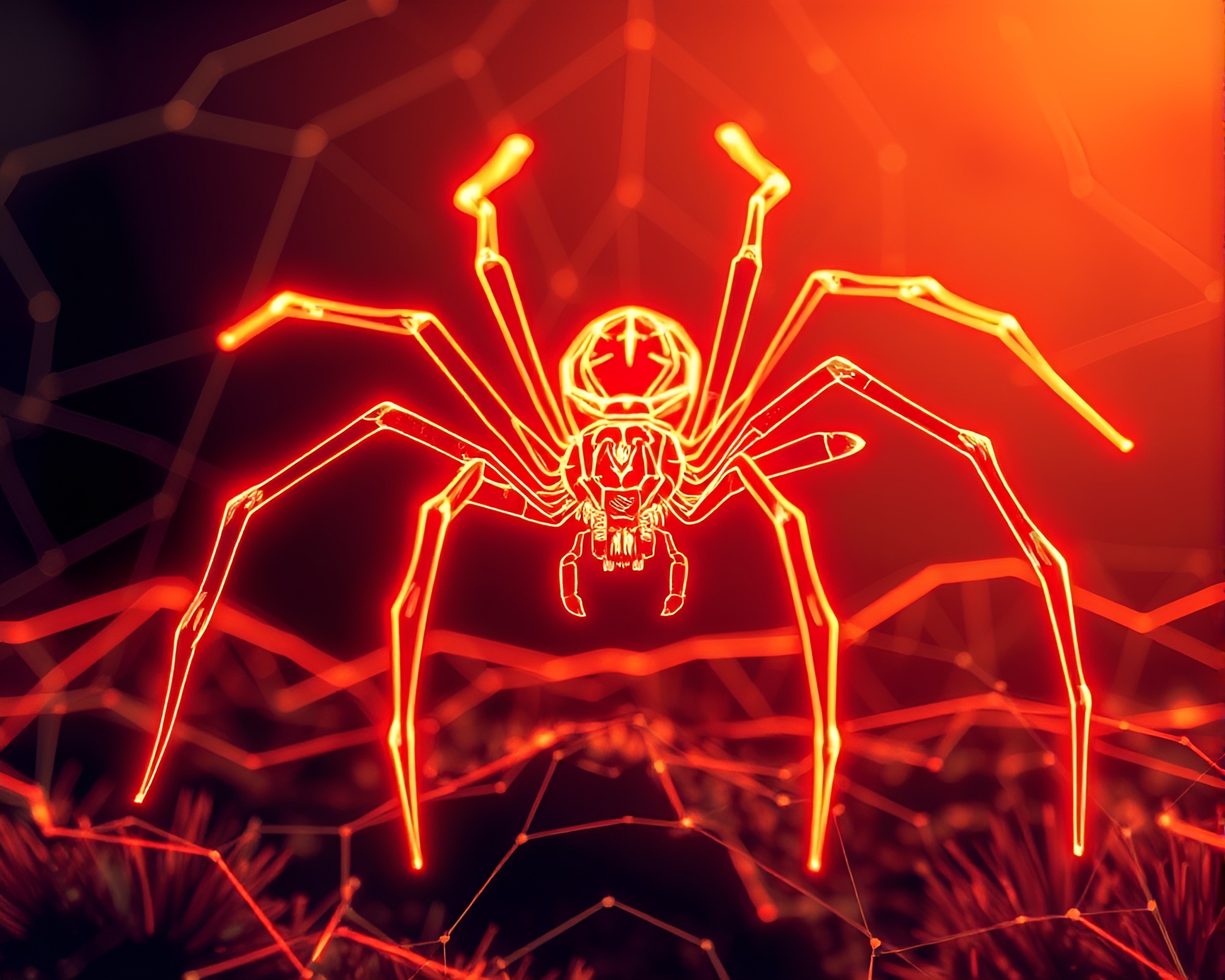 Neon Wireframe Mechanical Spider in HDR Landscape Etching – free AI stock image