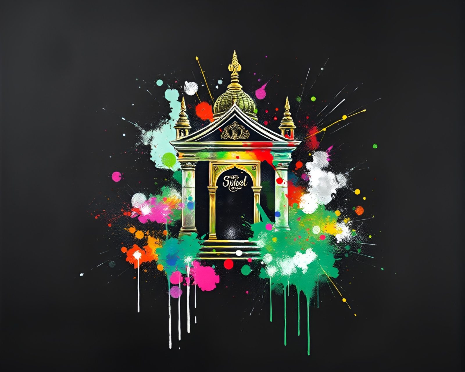 Abstract fractal temple overlaid with splatter paint on chalkboard