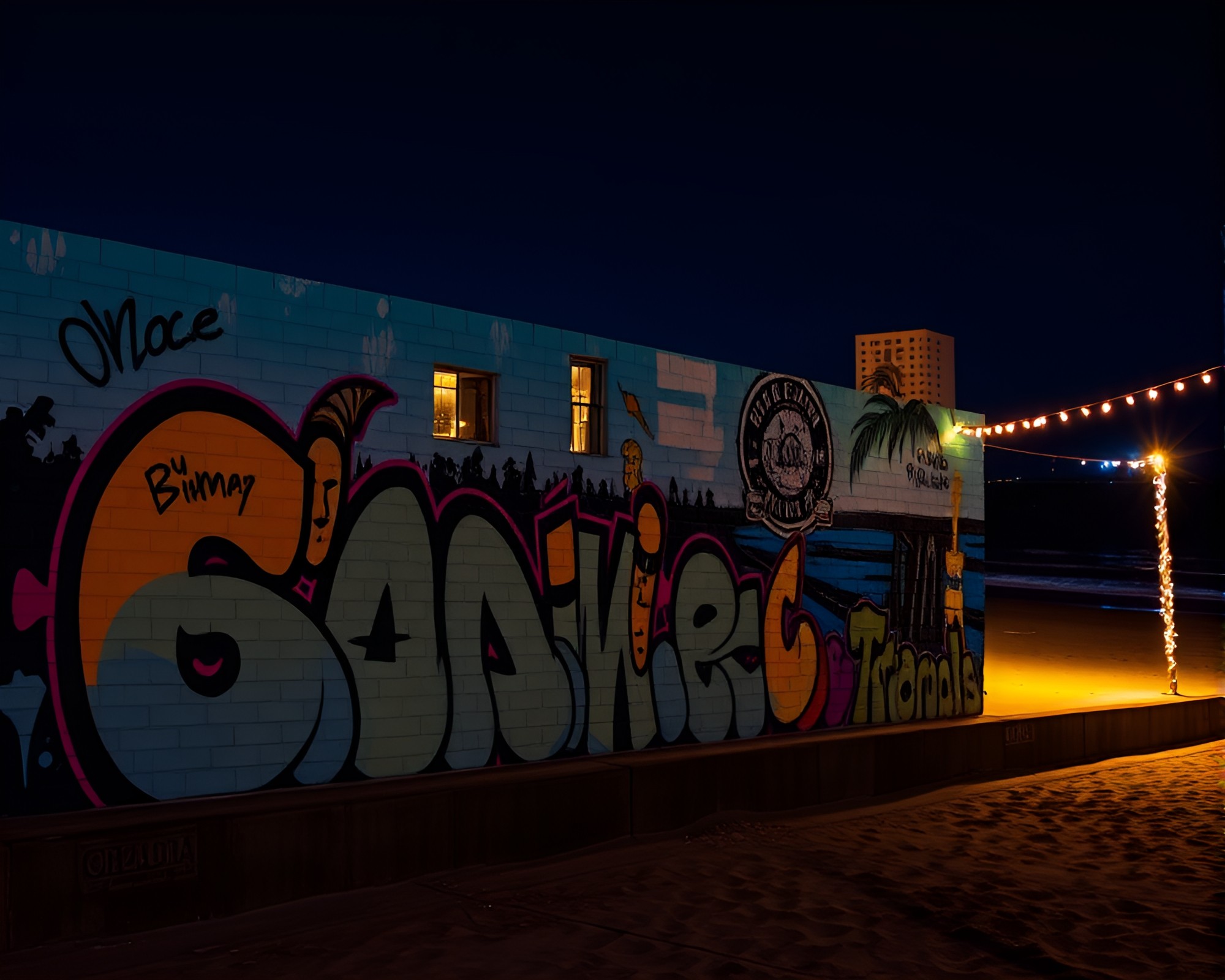 Summer Beach Light Painting Graffiti Mural – free AI stock image