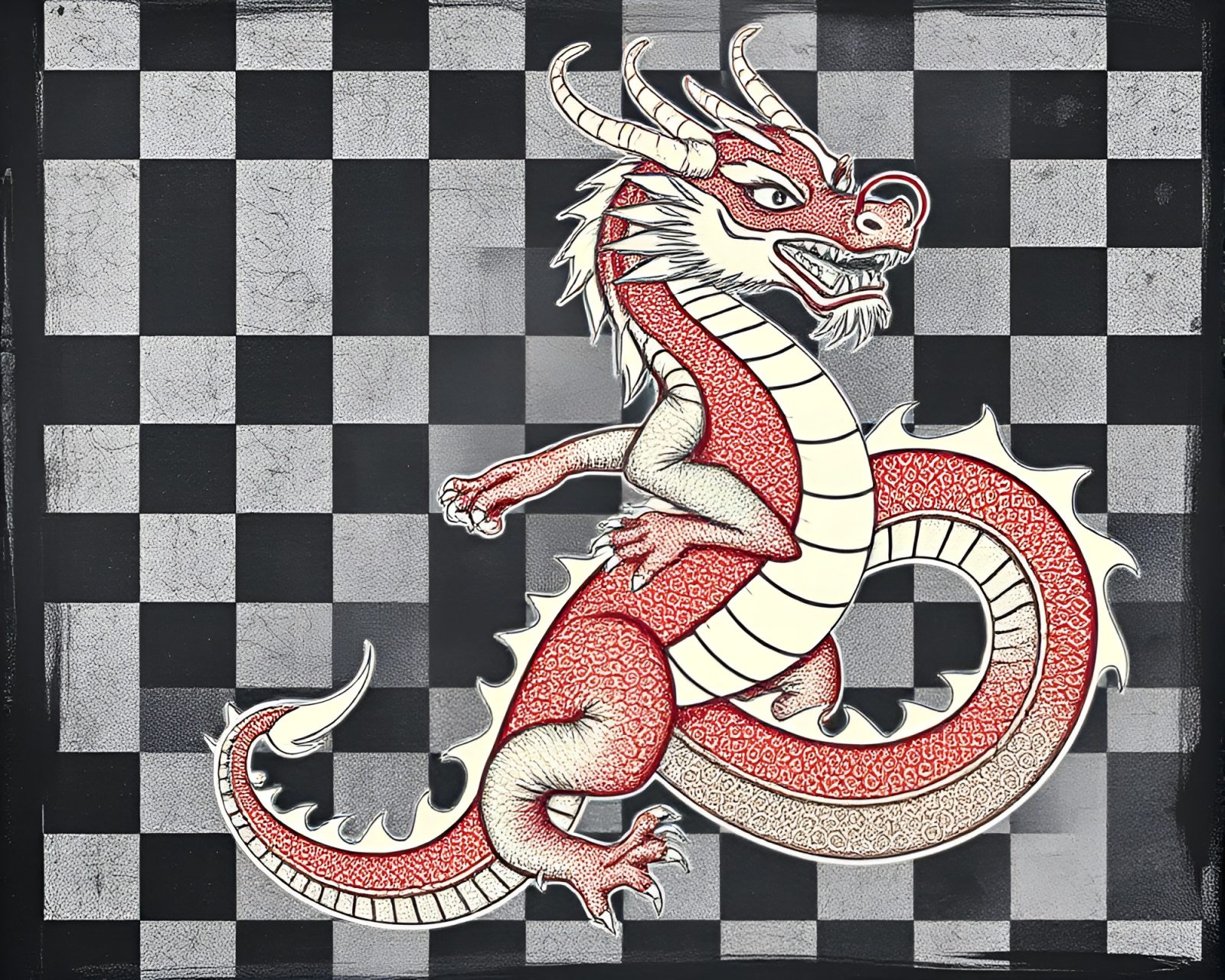Fantastical dragon in chalk on vintage TV scanline backdrop