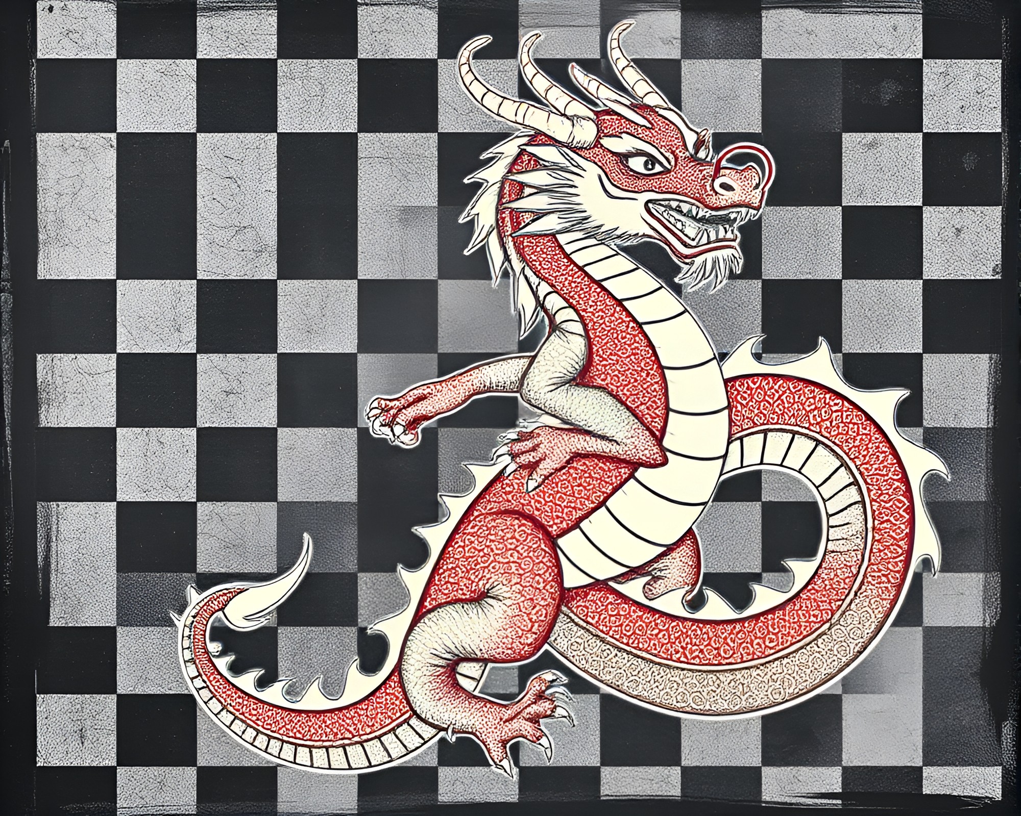 Dragon Chalk Drawing on Checkered Retro Background – free AI stock image