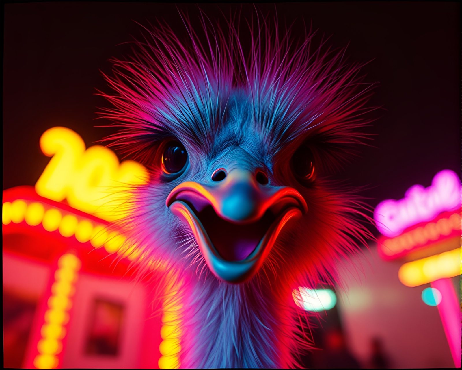 Vibrant ostrich under neon lights with retro film grain