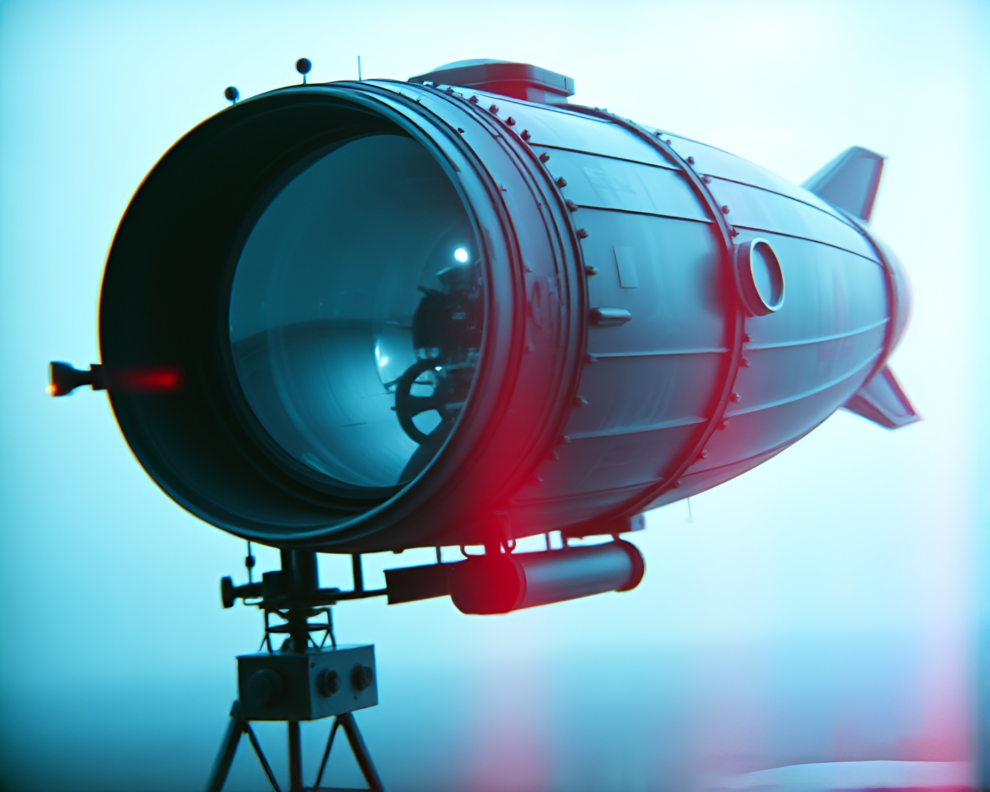 Steampunk airship in monochrome blue with lens distortion – free AI stock image
