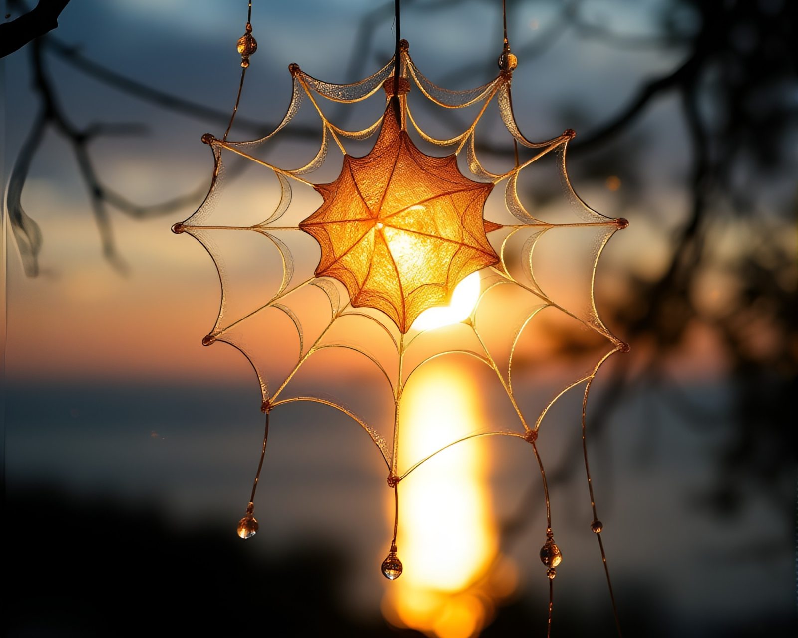 Glistening cobweb strands wrapped around delicate glass sculptures at sunrise