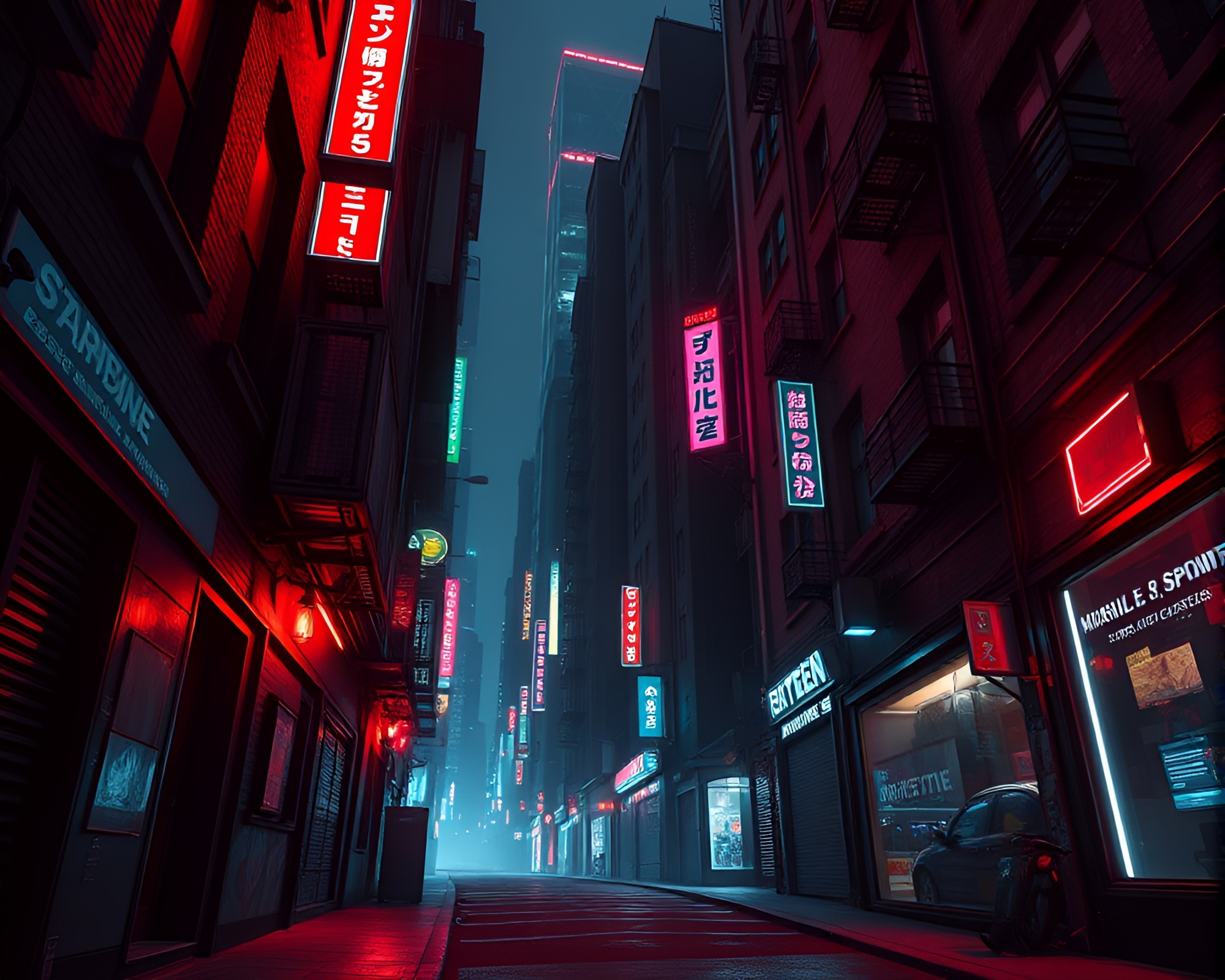 Neon Cyberpunk Alley in High-Contrast Noir Rendering – free AI stock image