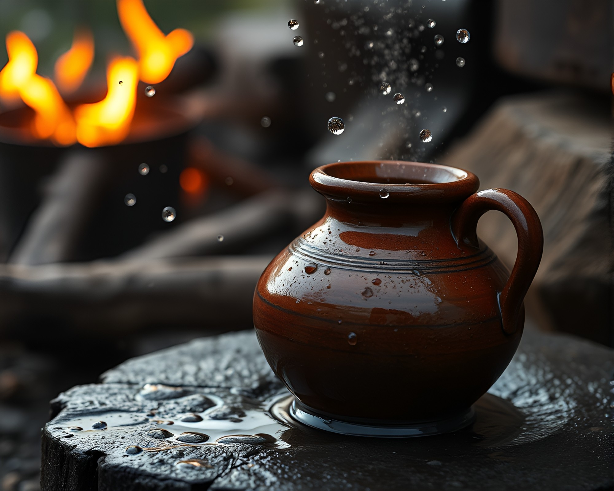 Rustic Pottery Bonfire Dance with Water Droplets – free AI stock image