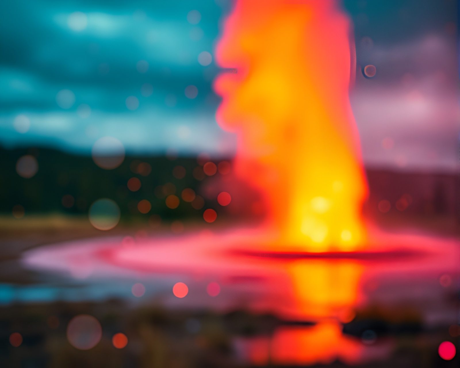 Bokeh foreground of colorful geysers in a neon splatter art landscape