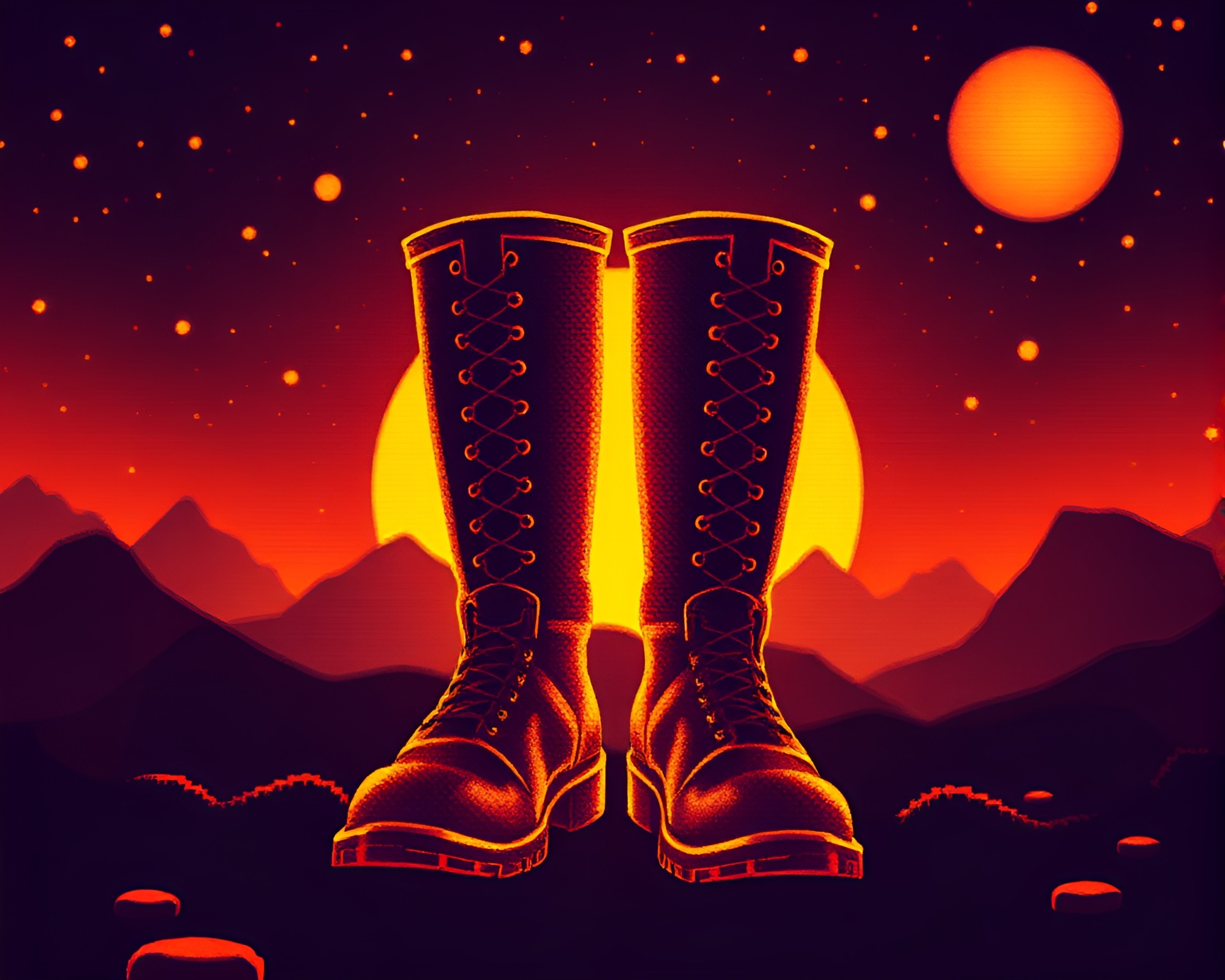 Halftone Grid in 8-Bit Gravity Boots at Golden Hour – free AI stock image