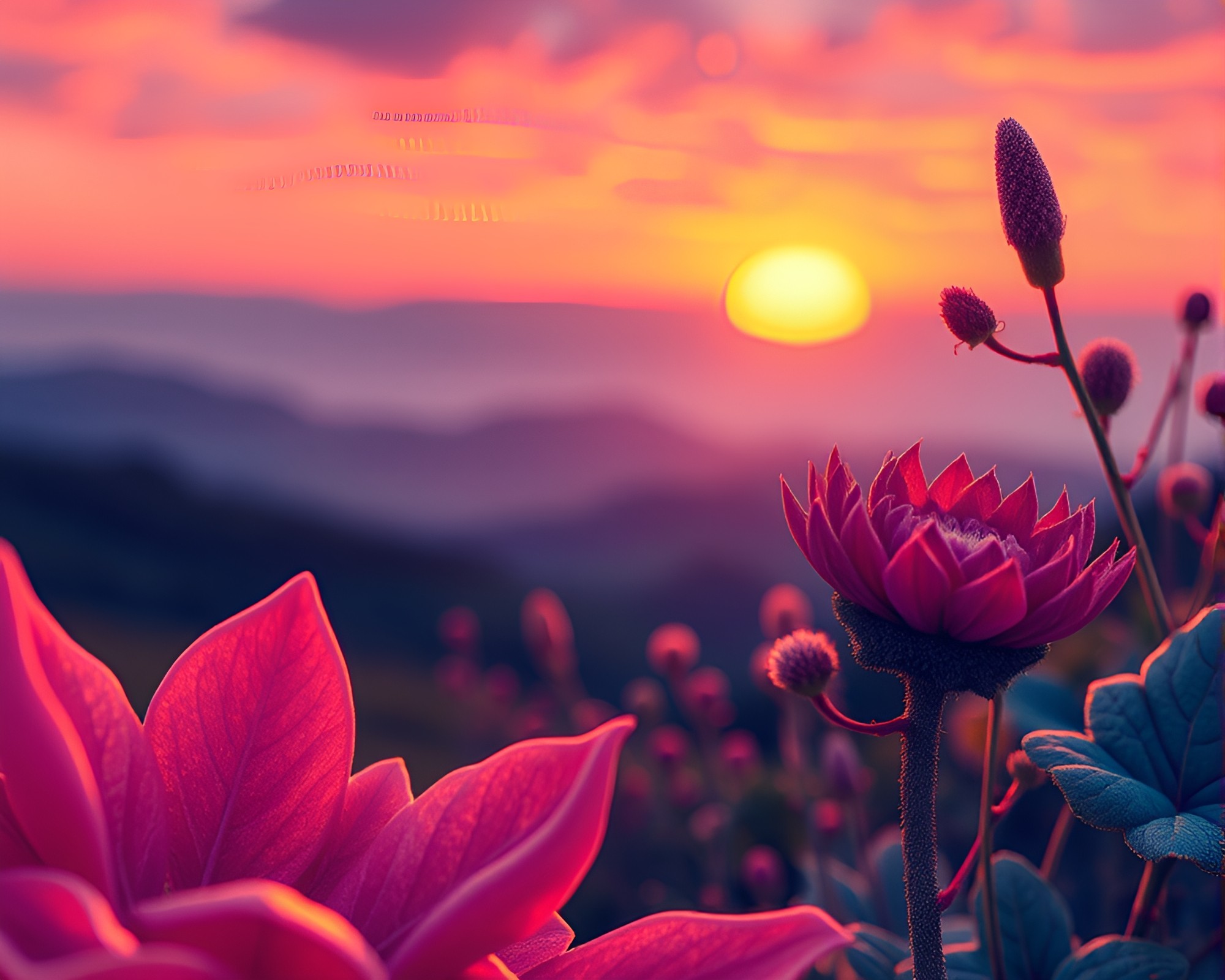 Vaporwave Sunset: Botanical Macro Composition – free AI stock image