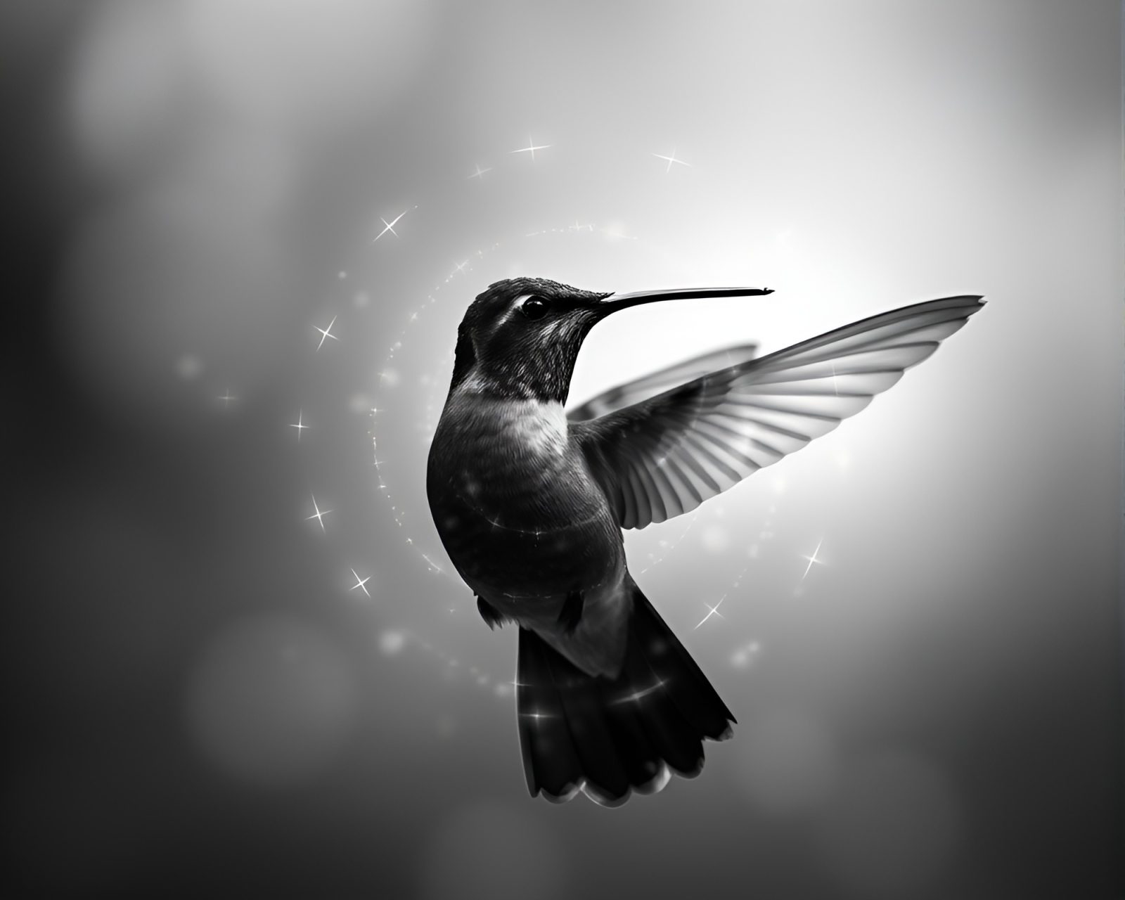 Artistic black and white hummingbird in a digital twilight setting