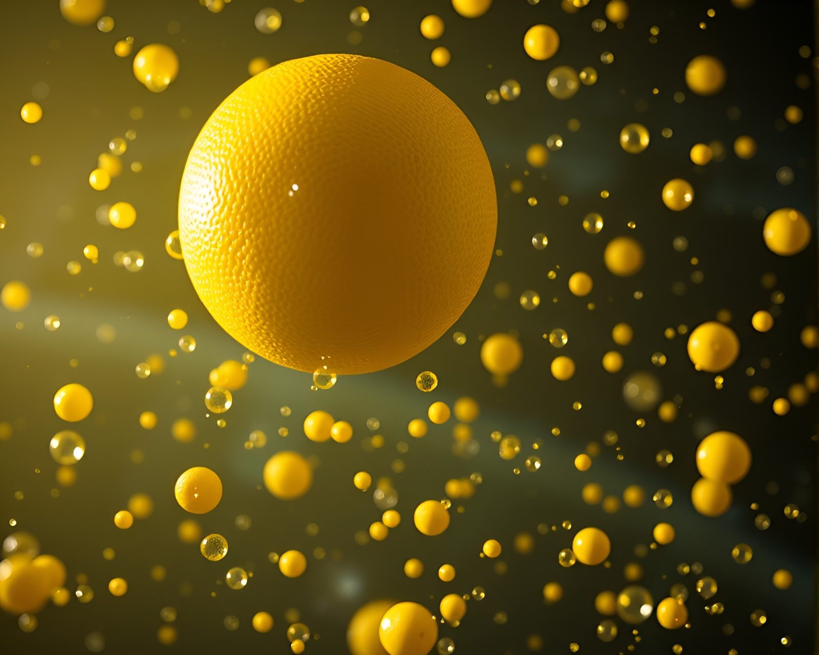 Hyper-realistic space habitat with lemon yellow floating particles