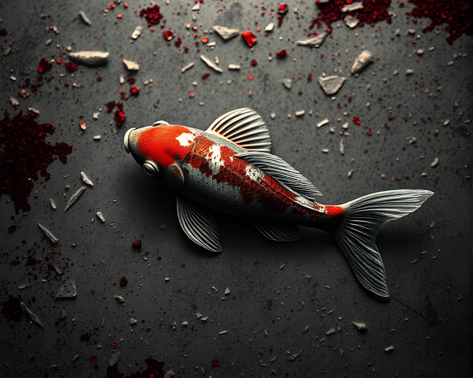 Tranquil Koi fish swimming amidst rust flake textured backdrop