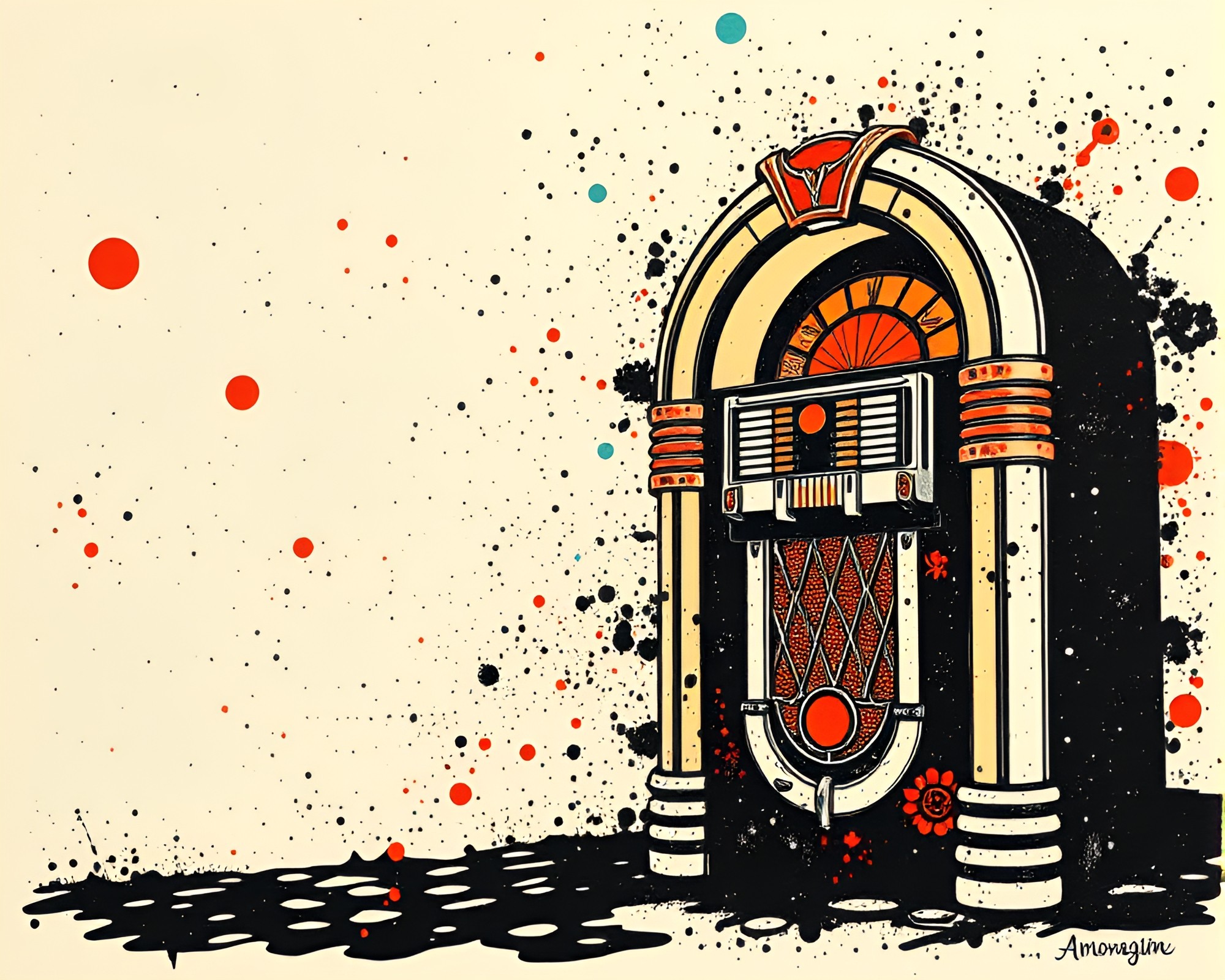 Retro Jukebox Ink Splashes in Bronze Sheen Linocut Print – free AI stock image