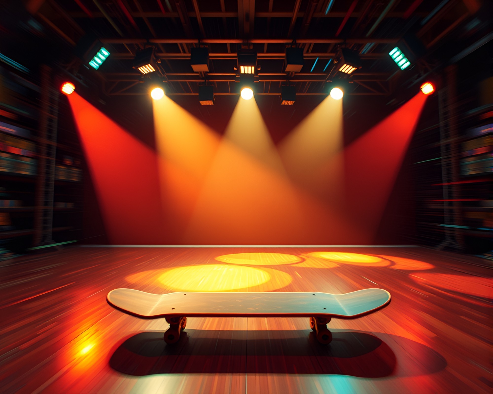 Abstract Skateboarder in Pixelated Stage Spotlight Swirl – free AI stock image