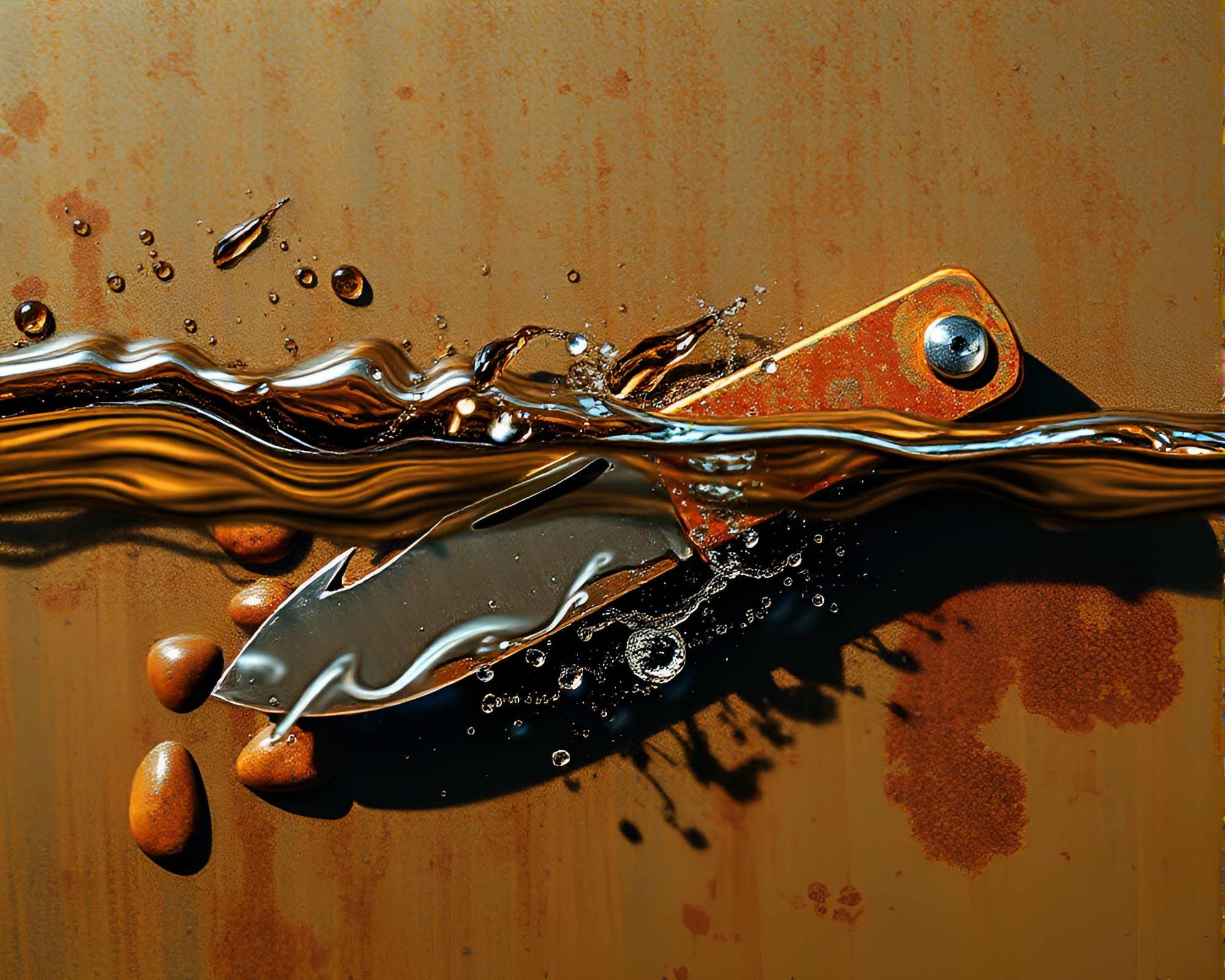 Bronze Sheen: Rusty Pocketknife Water Distortion – free AI stock image