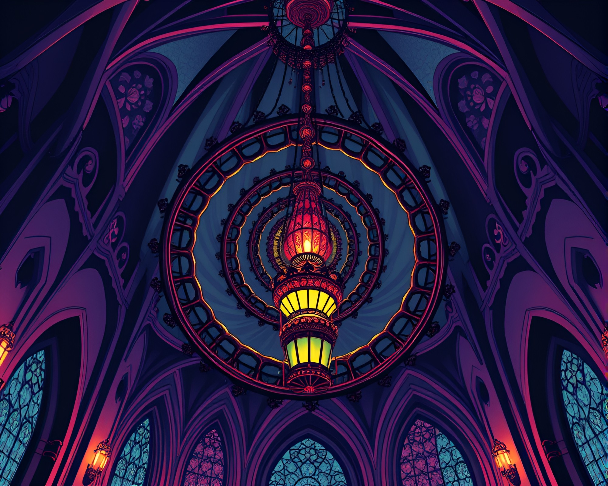 Fibonacci Gothic Chandelier in Cyberpunk Analogous Colors – free AI stock image