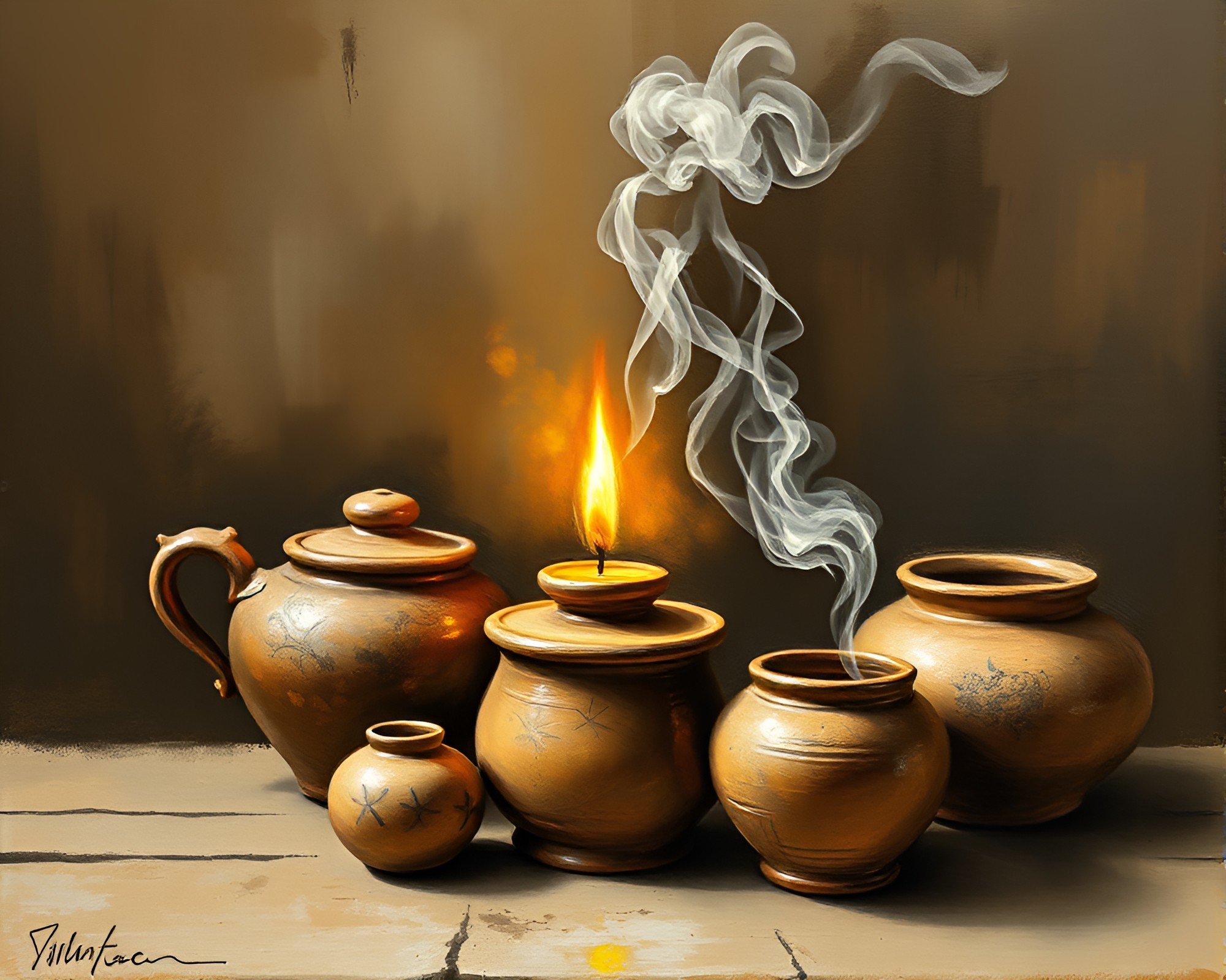 Rustic Pottery Illuminated by Sepia Candle Smoke – free AI stock image