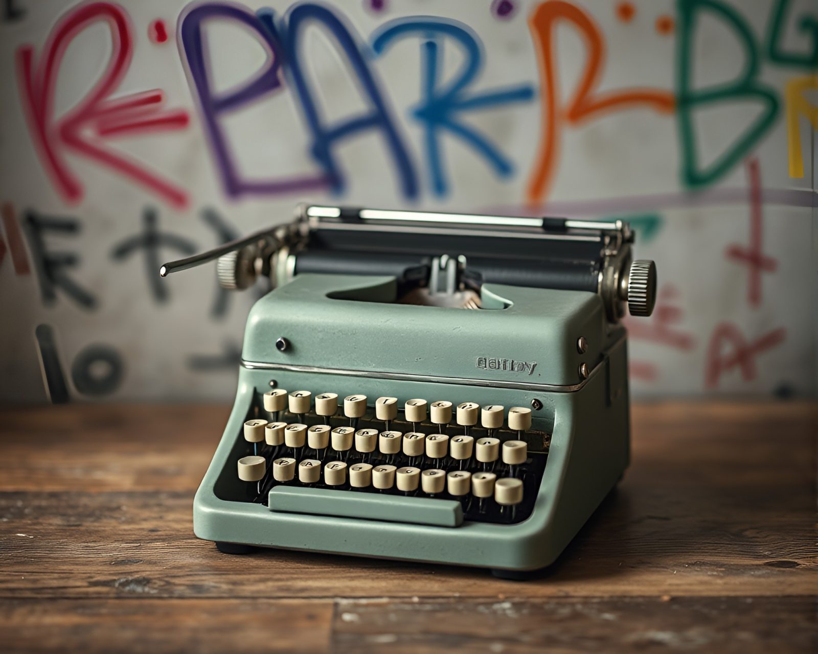 A whimsical tilt-shift image of antique typewriter in soft graffiti environment